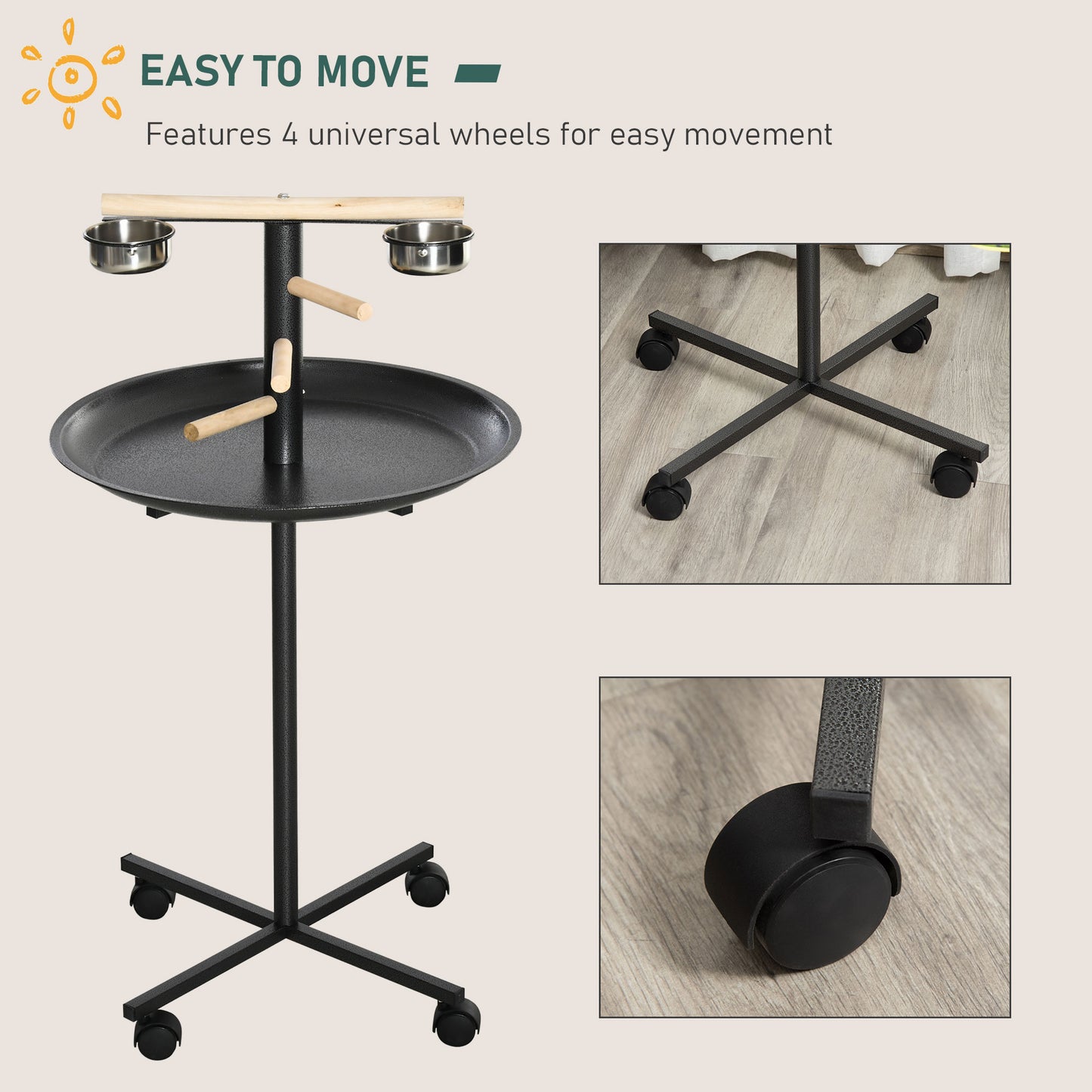 Black metal bird stand with wooden perches and stainless steel cups featuring four wheels