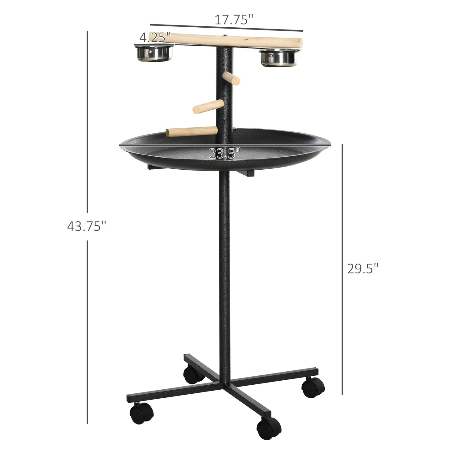 Black metal parrot stand with wooden perches and two stainless steel bowls