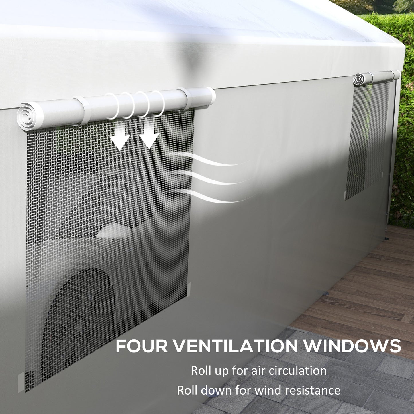 White party tent with rolledup mesh window for ventilation and wind resistance