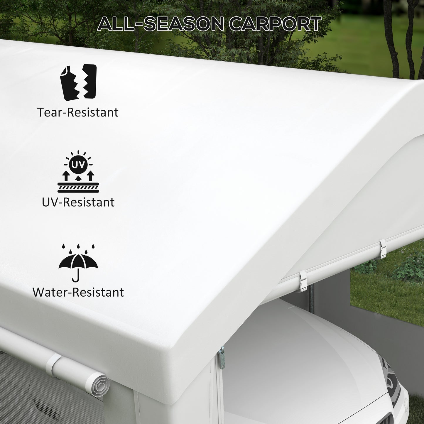 White allseason carport with durable tearresistant fabric for vehicle protection