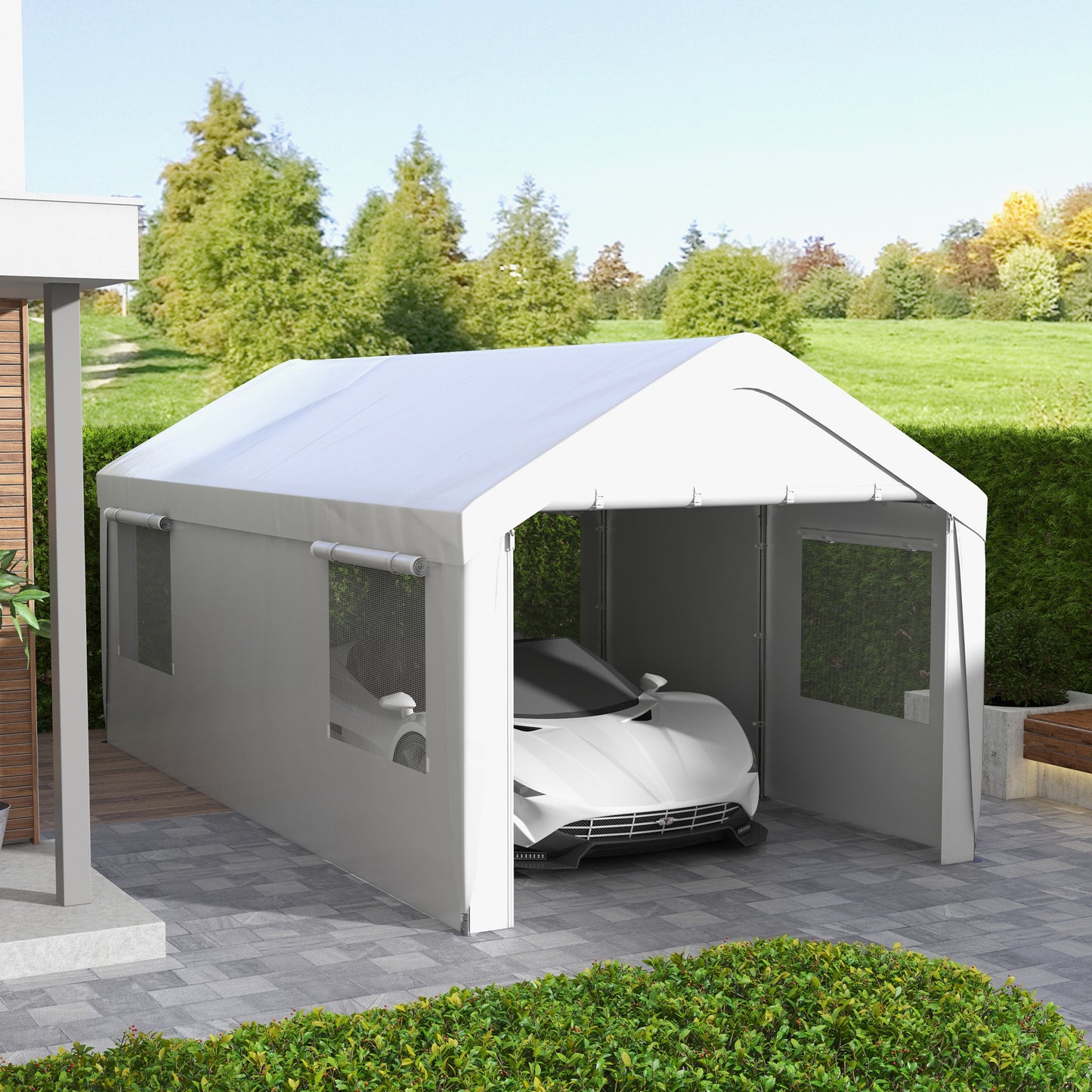 White portable garage protecting a sleek white sports car from elements