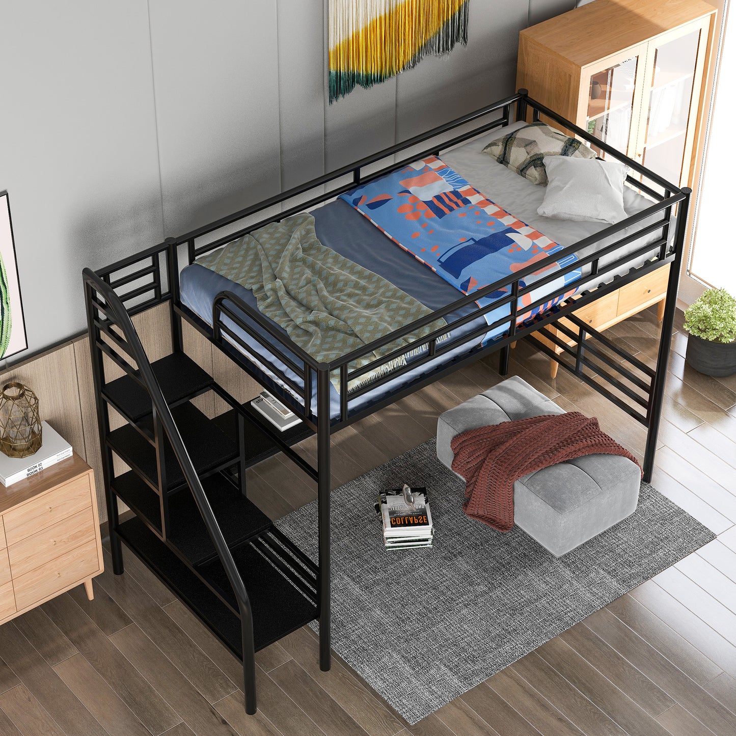 Black metal twin loft bed with integrated ladder and storage shelves