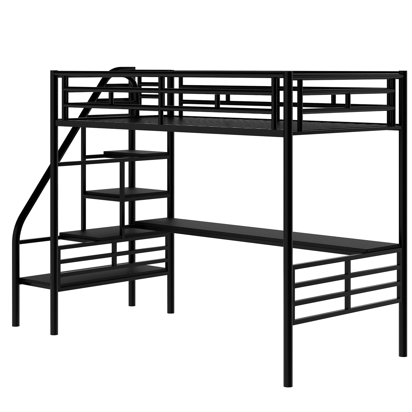 Black metal loft bed with integrated desk and shelves