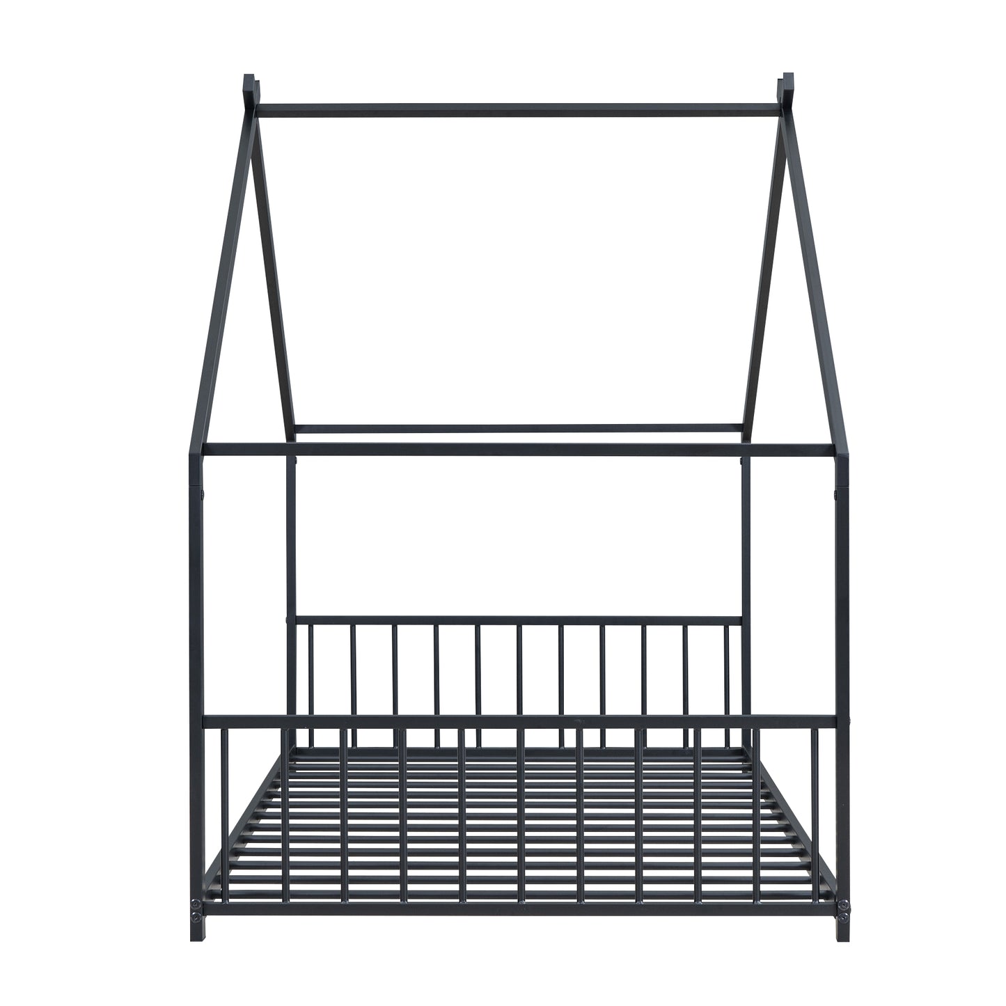 Black metal twin house bed frame with peaked roof design and slatted base