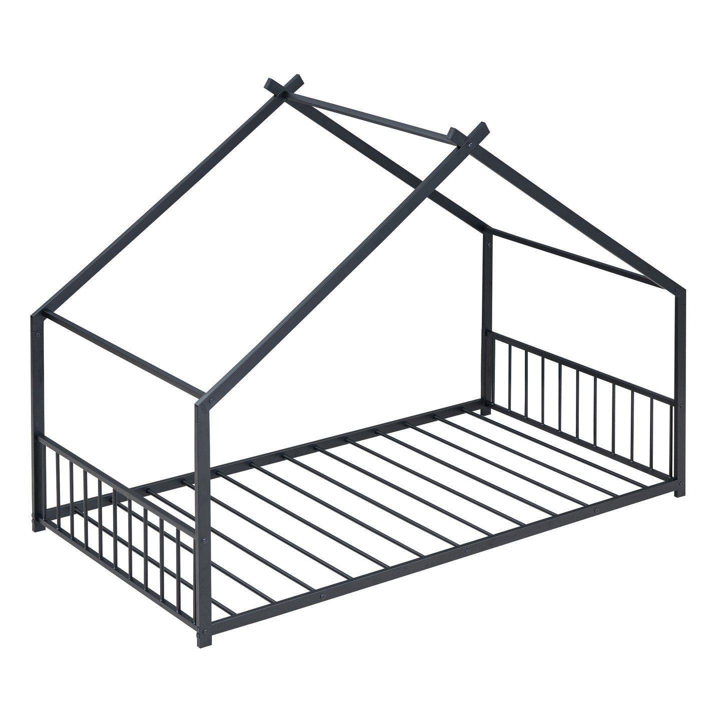 Black metal house bed frame with a pitched roof design