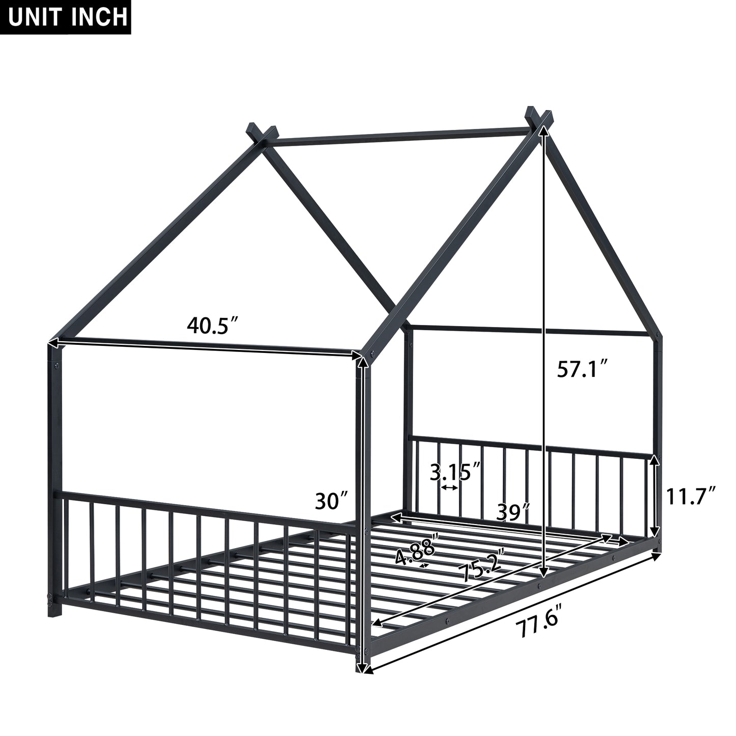 Black metal house frame twin bed with dimensions labeled
