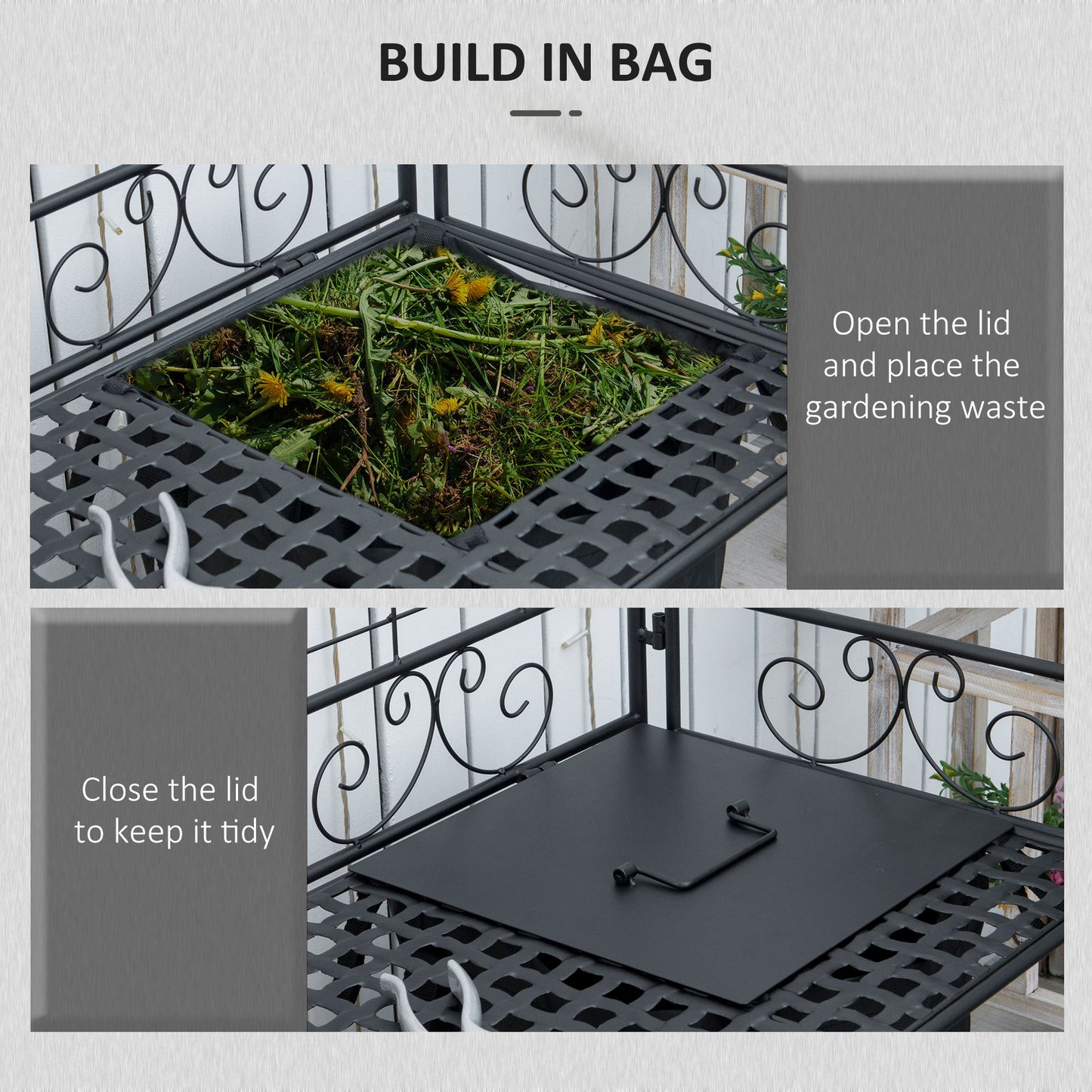 Black metal garden compost bin with ornate scrollwork filled with green waste