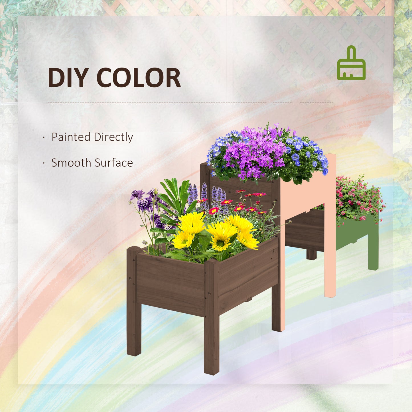 Dark brown wooden raised garden bed with vibrant yellow sunflowers and purple flowers
