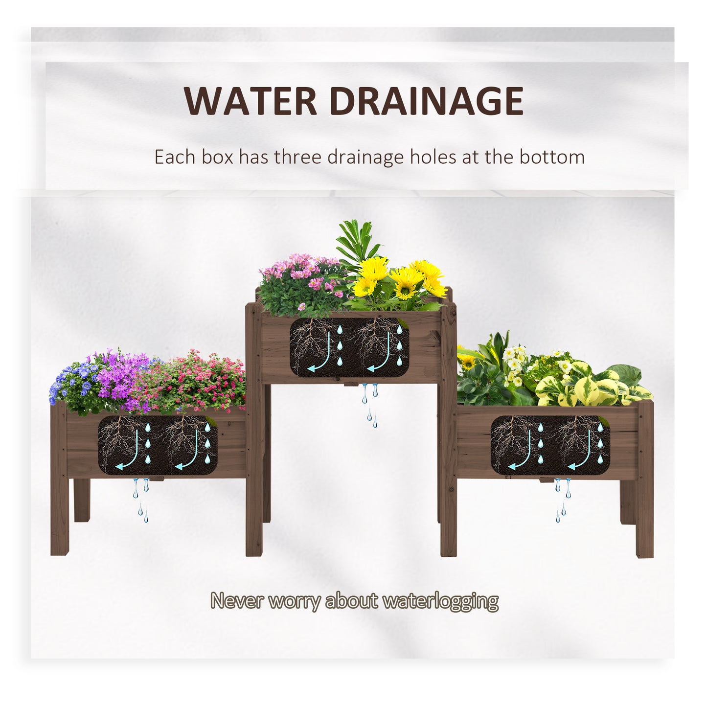 Wooden raised garden bed with three tiers showing water drainage illustration