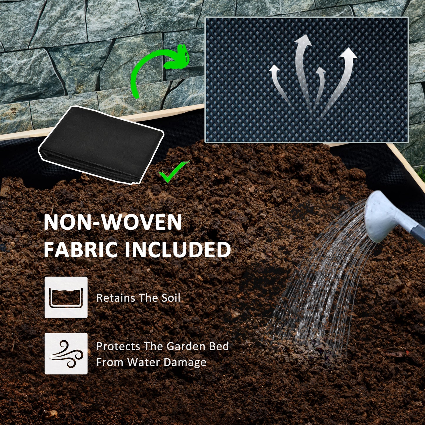 Black nonwoven fabric for garden beds retaining soil and preventing water damage