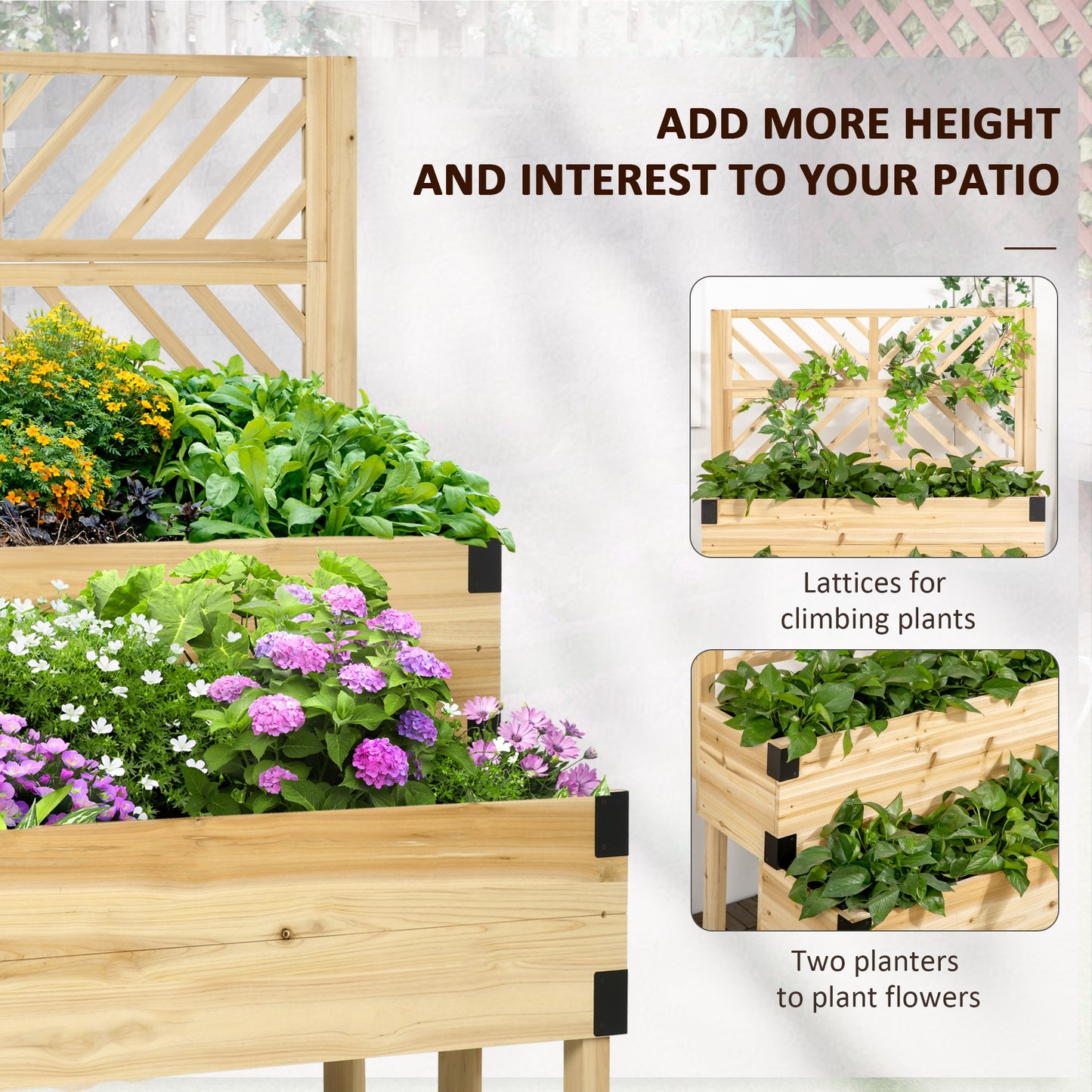 Wooden raised garden bed with multiple tiers and diverse flowers