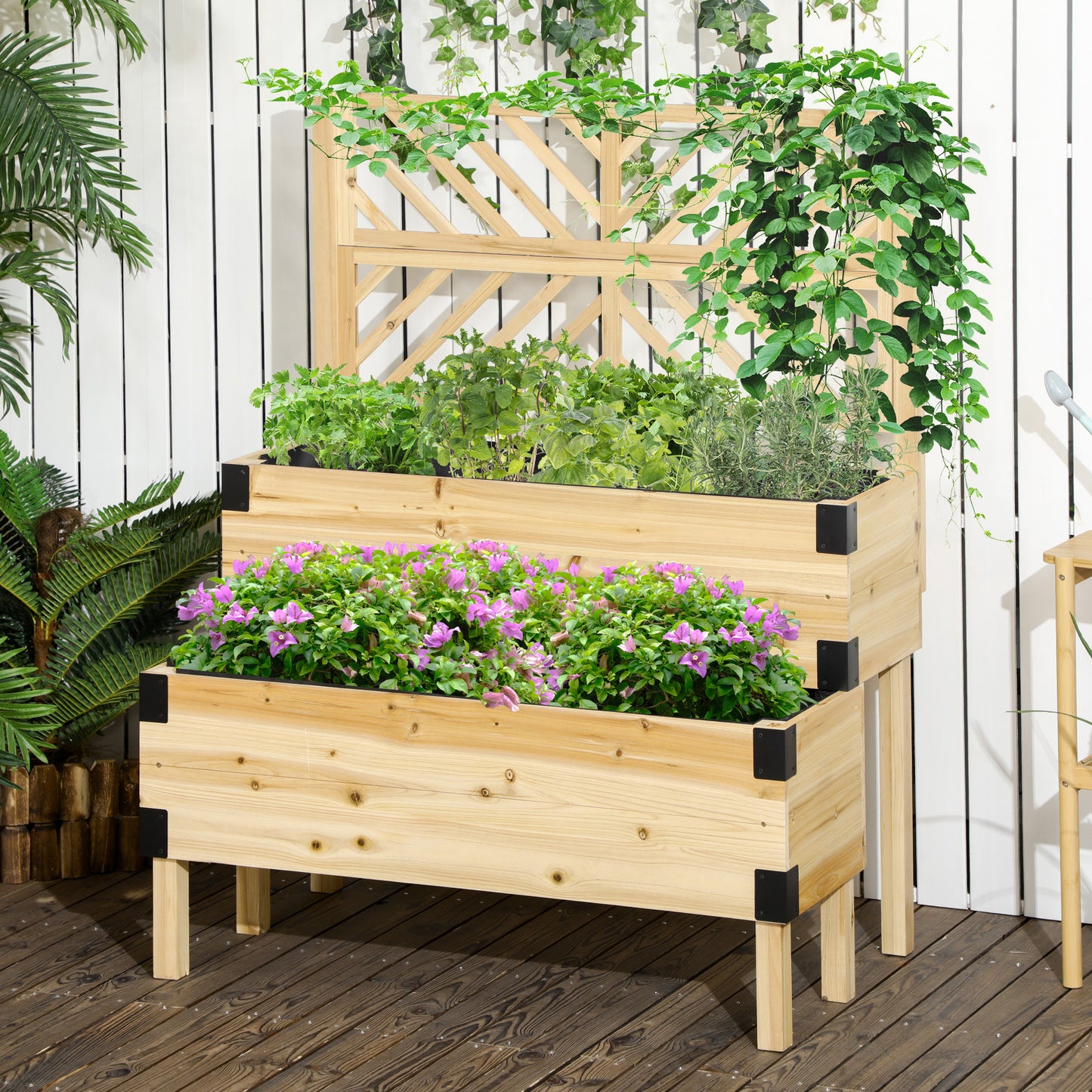 Threetiered wooden raised garden bed with flowering plants and herbs