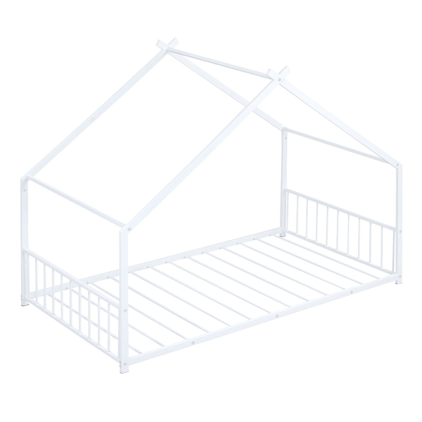 White metal house bed frame for kids with slatted base and guardrails