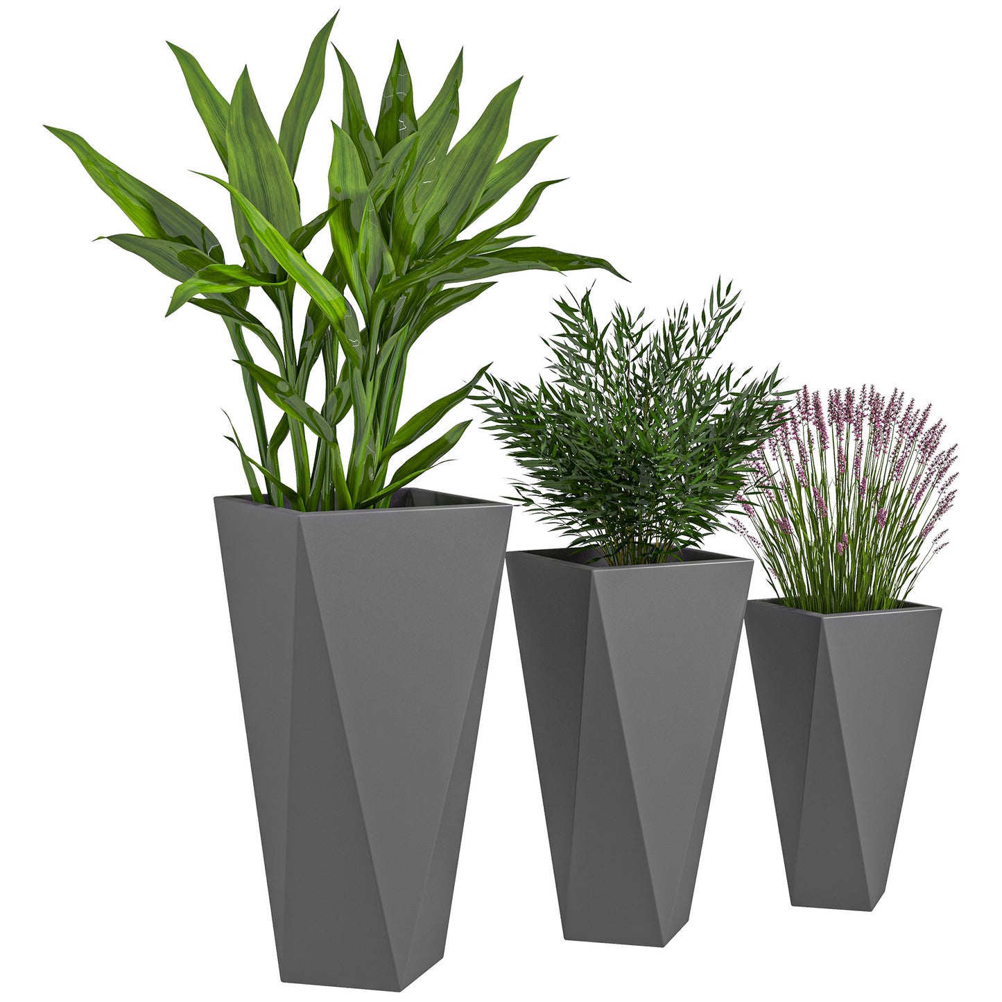 Tall gray geometric planter with lush green indoor plant