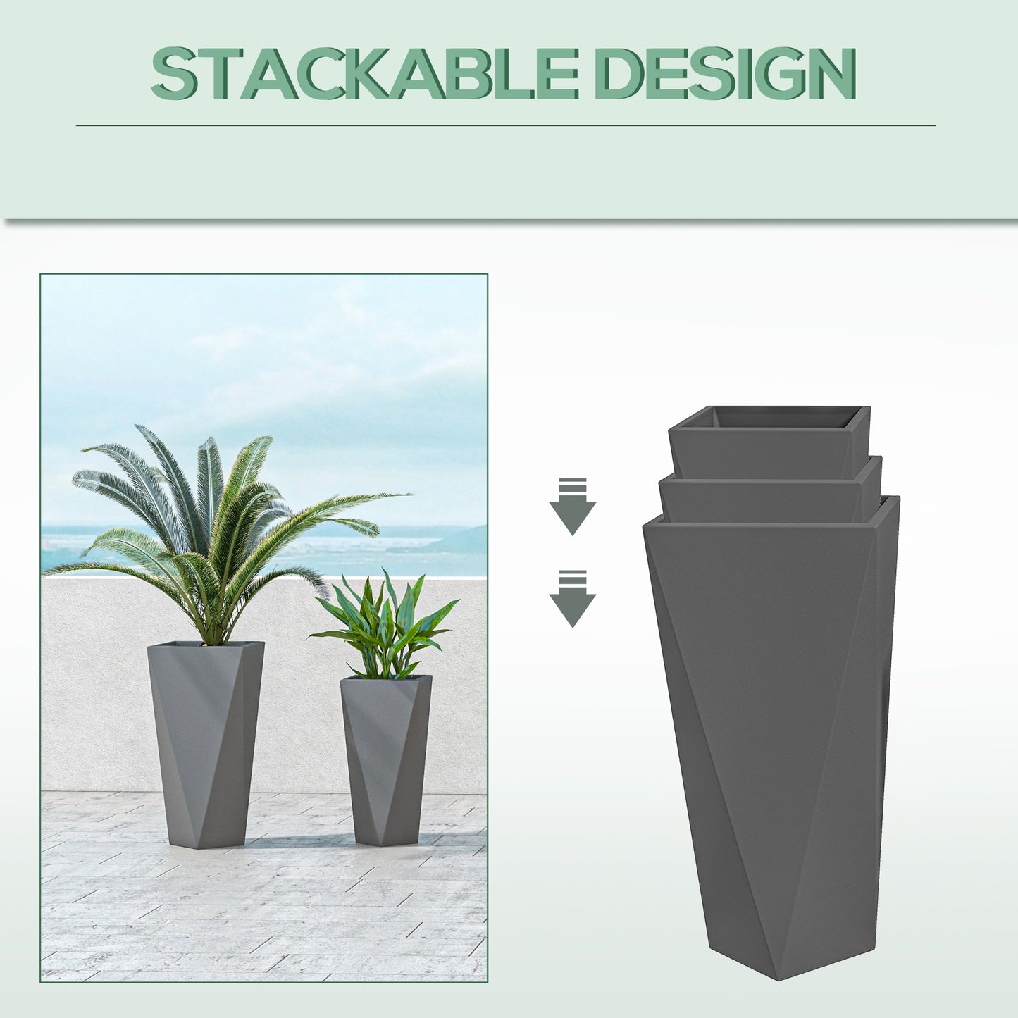 Contemporary grey tall planter geometric design perfect for outdoor spaces