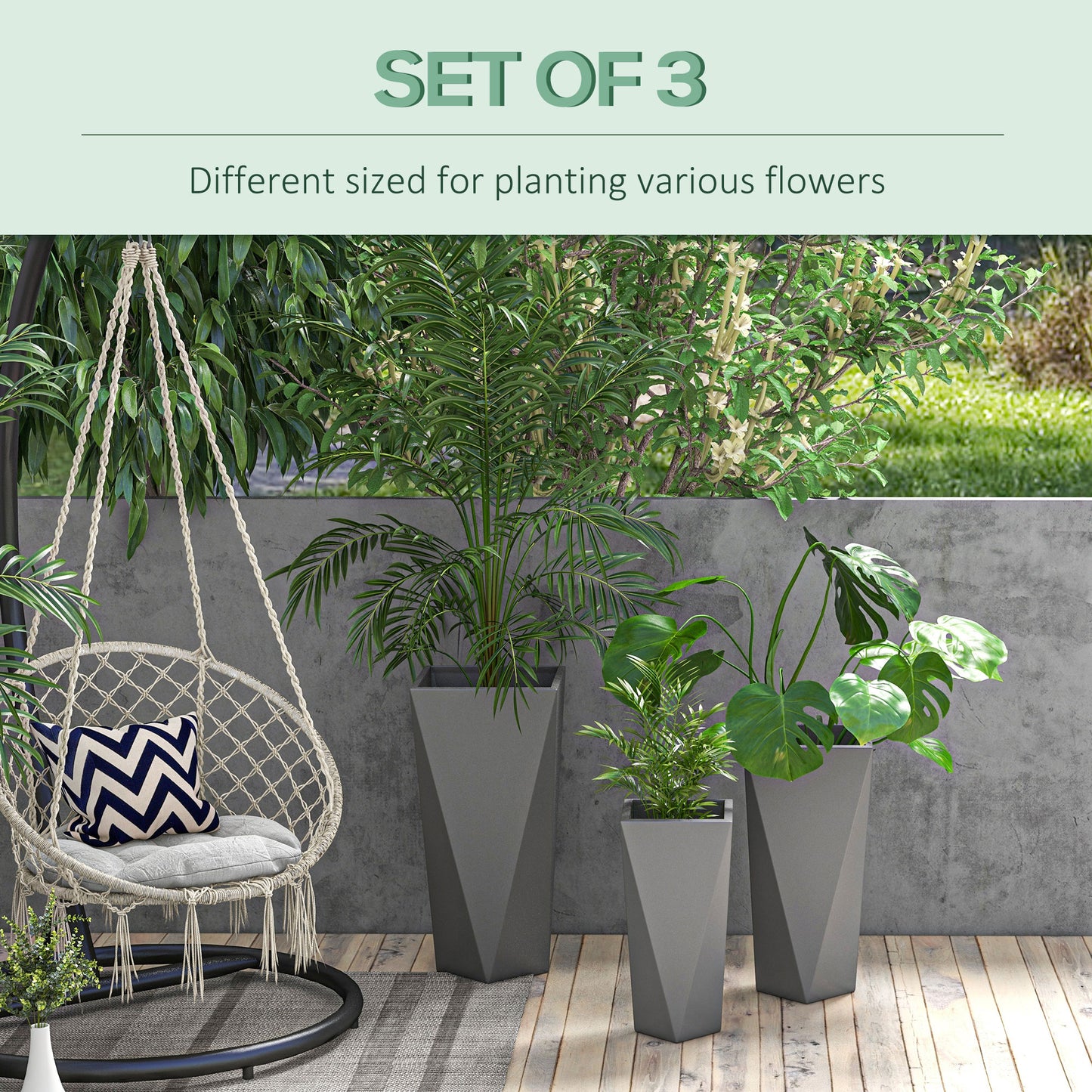 Set of modern grey geometric planters for indoor and outdoor plants