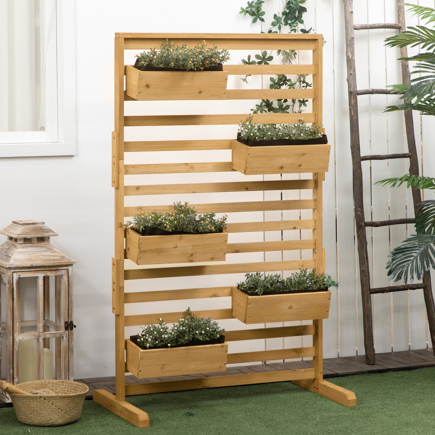 Wooden tiered planter with five boxes holding faux plants perfect for garden decor