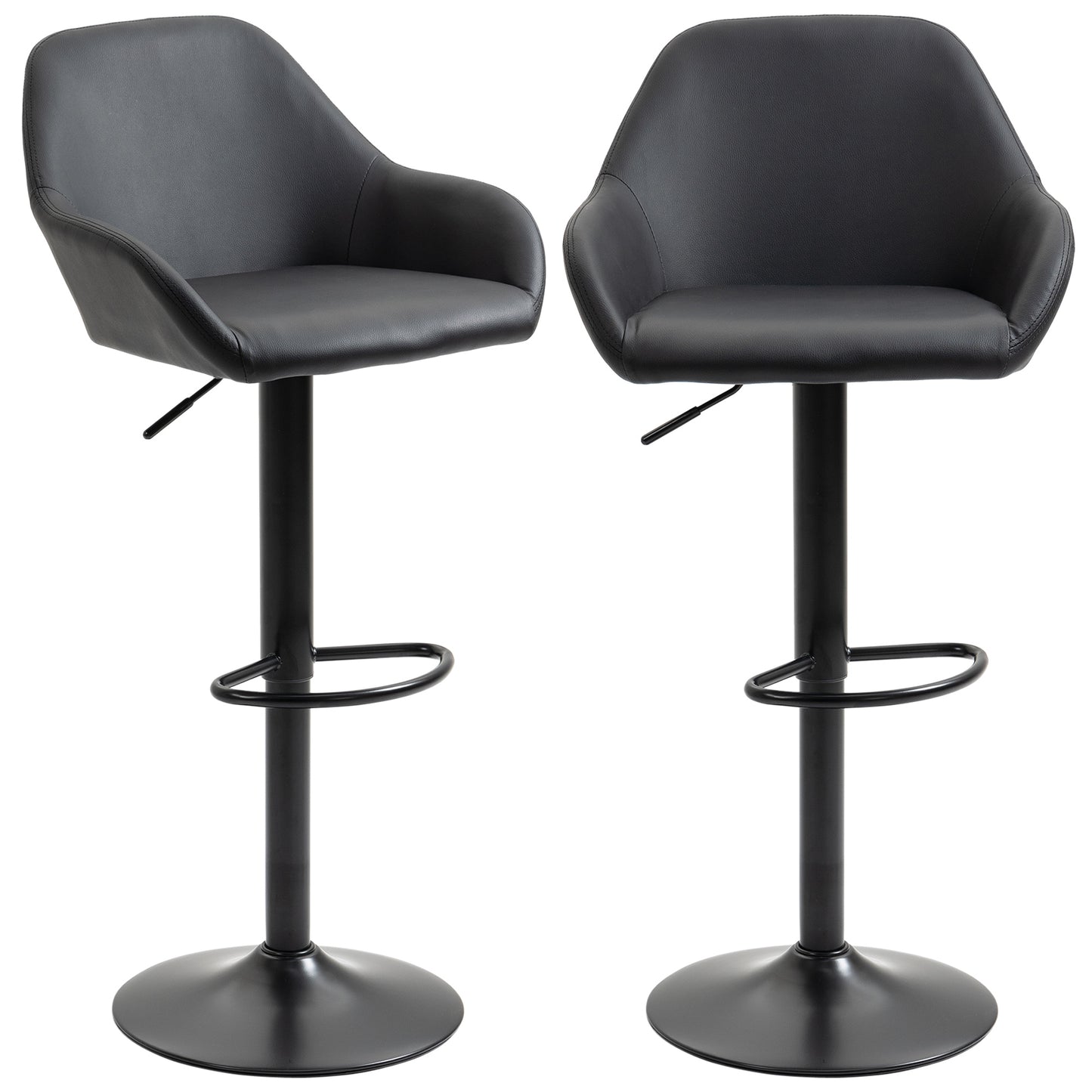 Two adjustable black leatherette bar stools with chrome footrests and circular bases