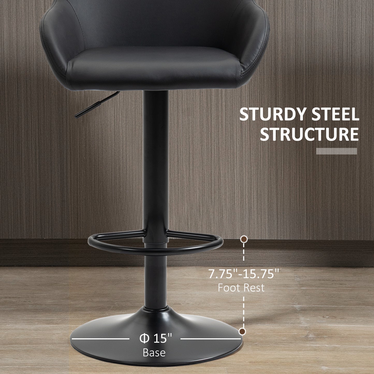 Black adjustable faux leather bar stool with chrome footrest and sturdy steel base