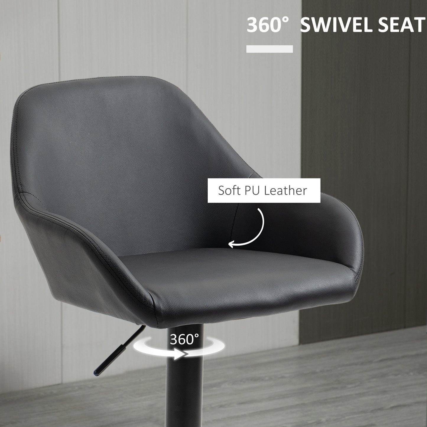 Black PU leather swivel bar stool with padded seat and back