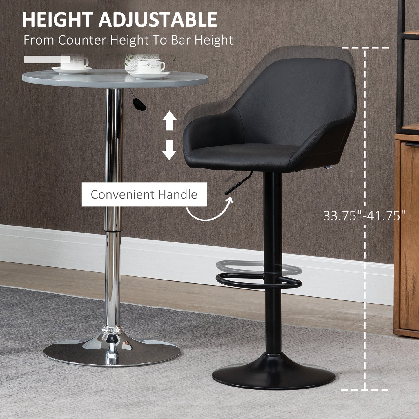 Black leather adjustable bar stool with chrome footrest and base