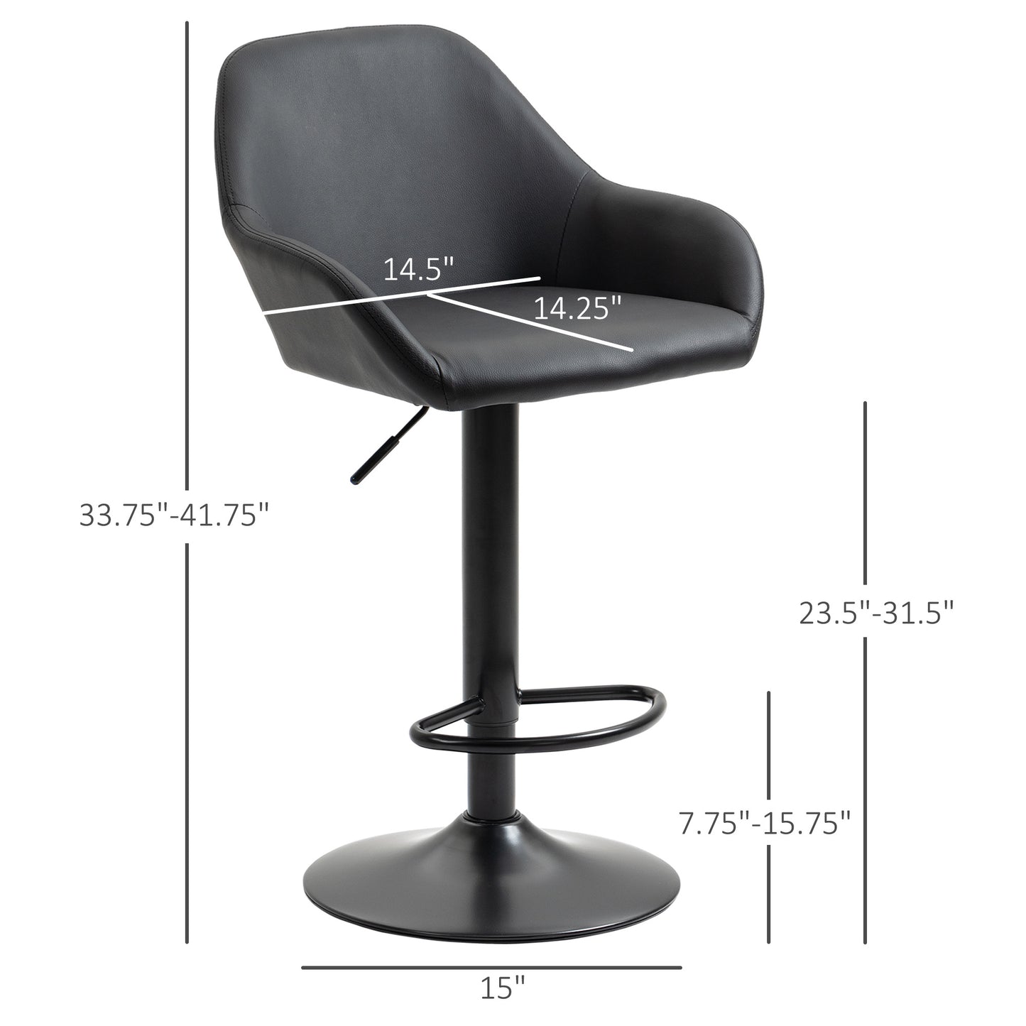 Adjustable black leatherette bar stool with silver pneumatic lift lever and footrest
