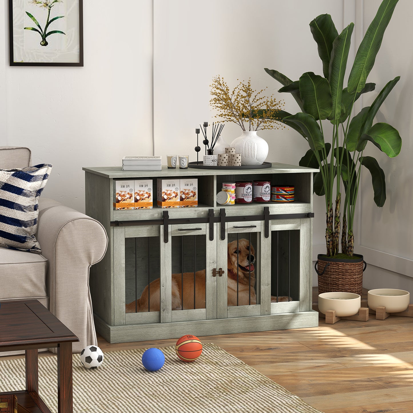 Grey wood double dog crate with sliding doors and open shelving for pet supplies