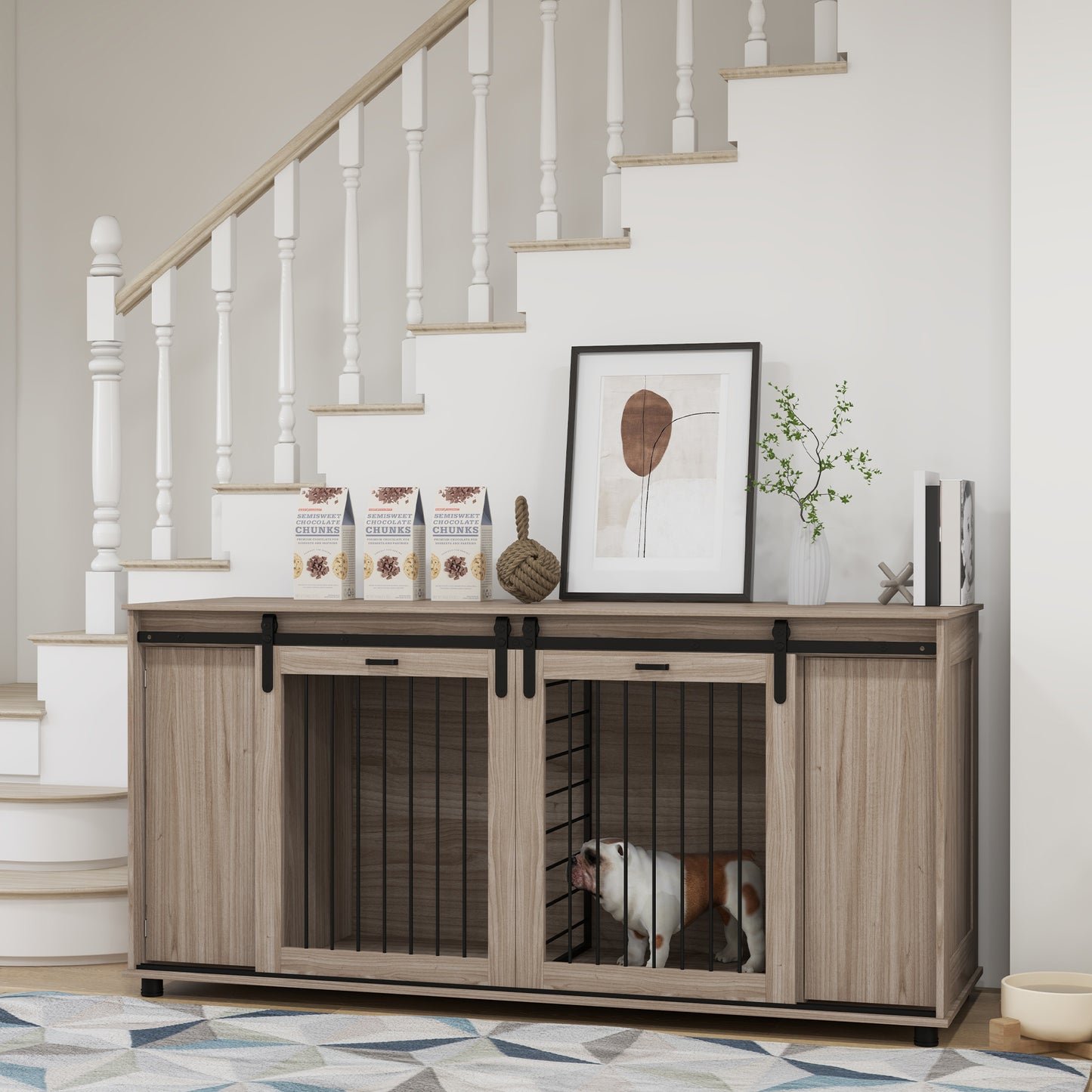 Wooden double dog crate with sliding doors and a white bulldog inside