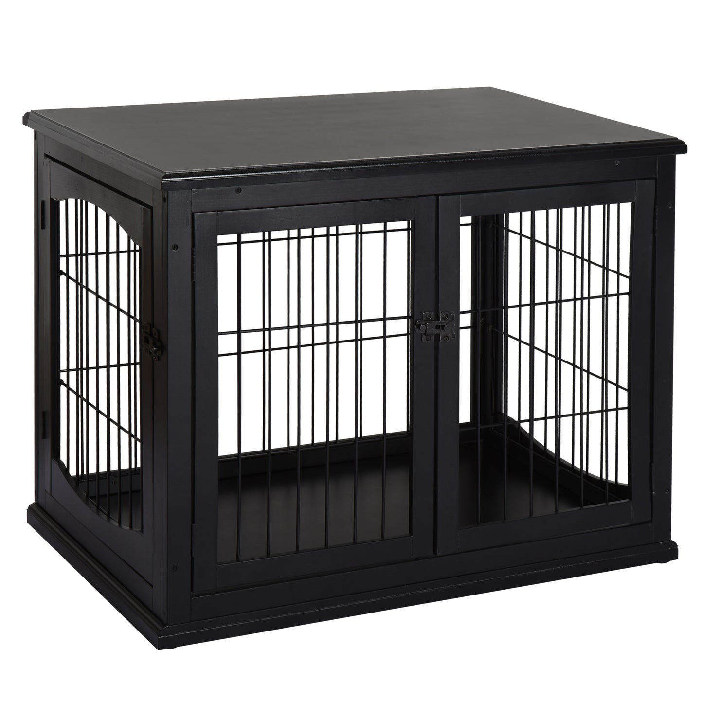 Stylish black wooden dog crate with dual doors and a sturdy metal grate