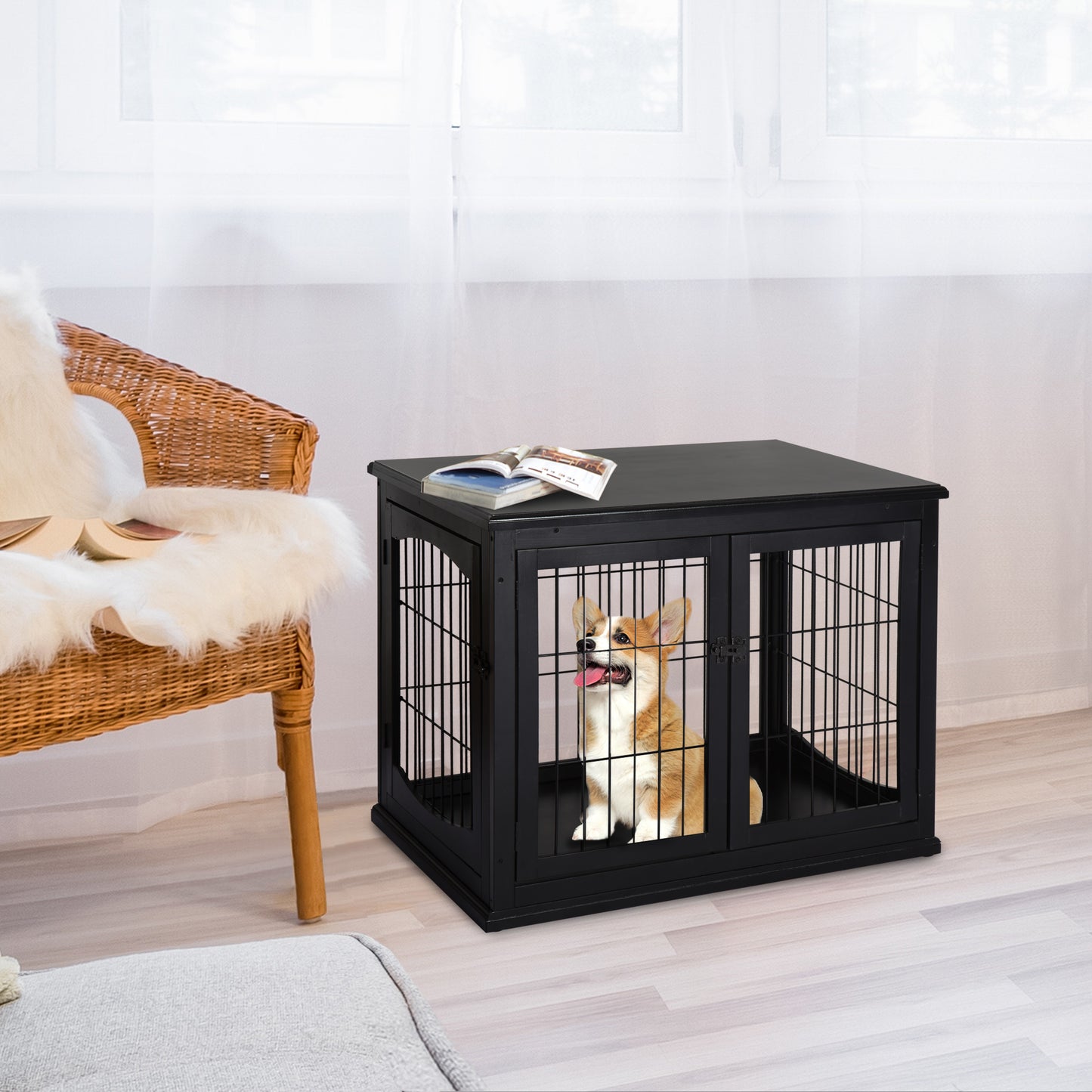 Black wooden dog crate with a happy corgi inside fits modern decor