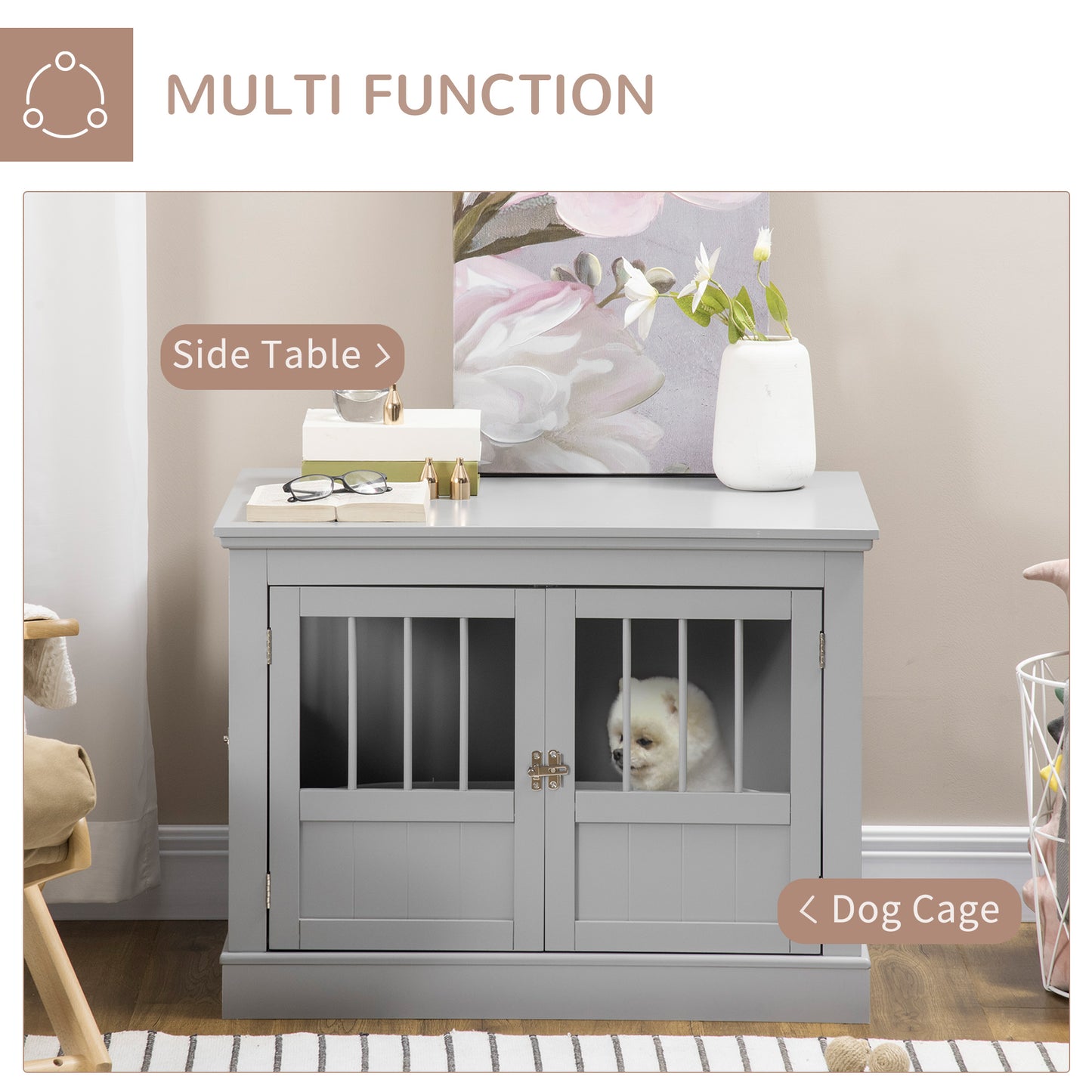 Gray wooden dog cage with two doors doubling as a multifunctional side table