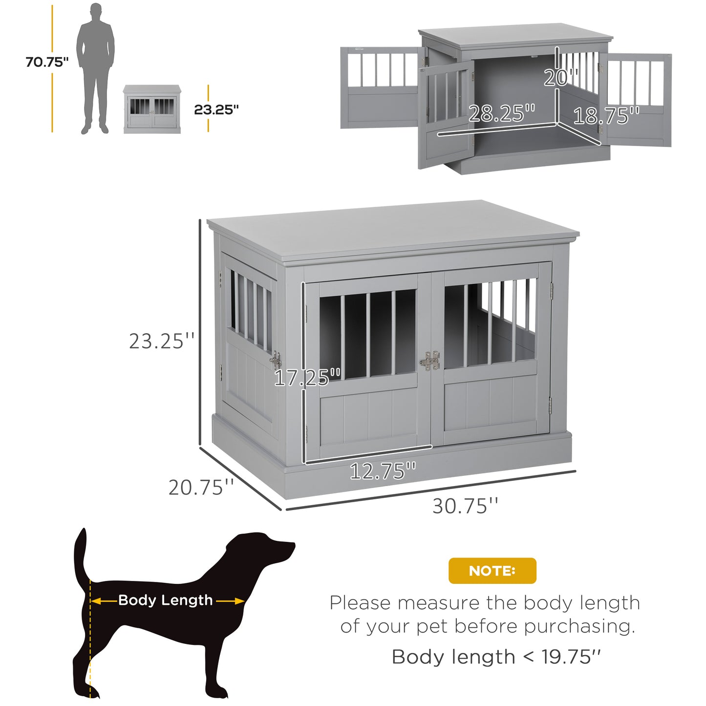 Gray wooden dog crate with double doors and detailed dimensions
