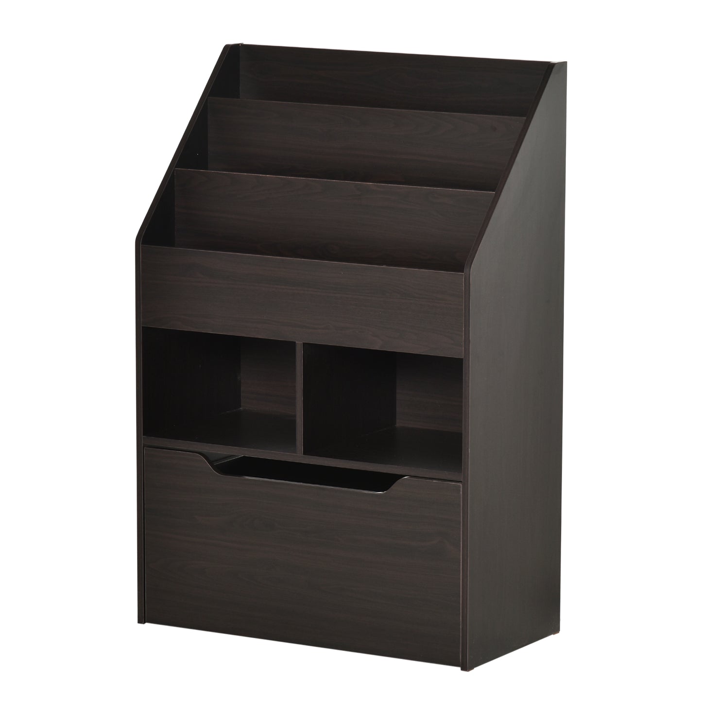 Dark brown wooden tiered bookshelf with open shelves and a pullout drawer