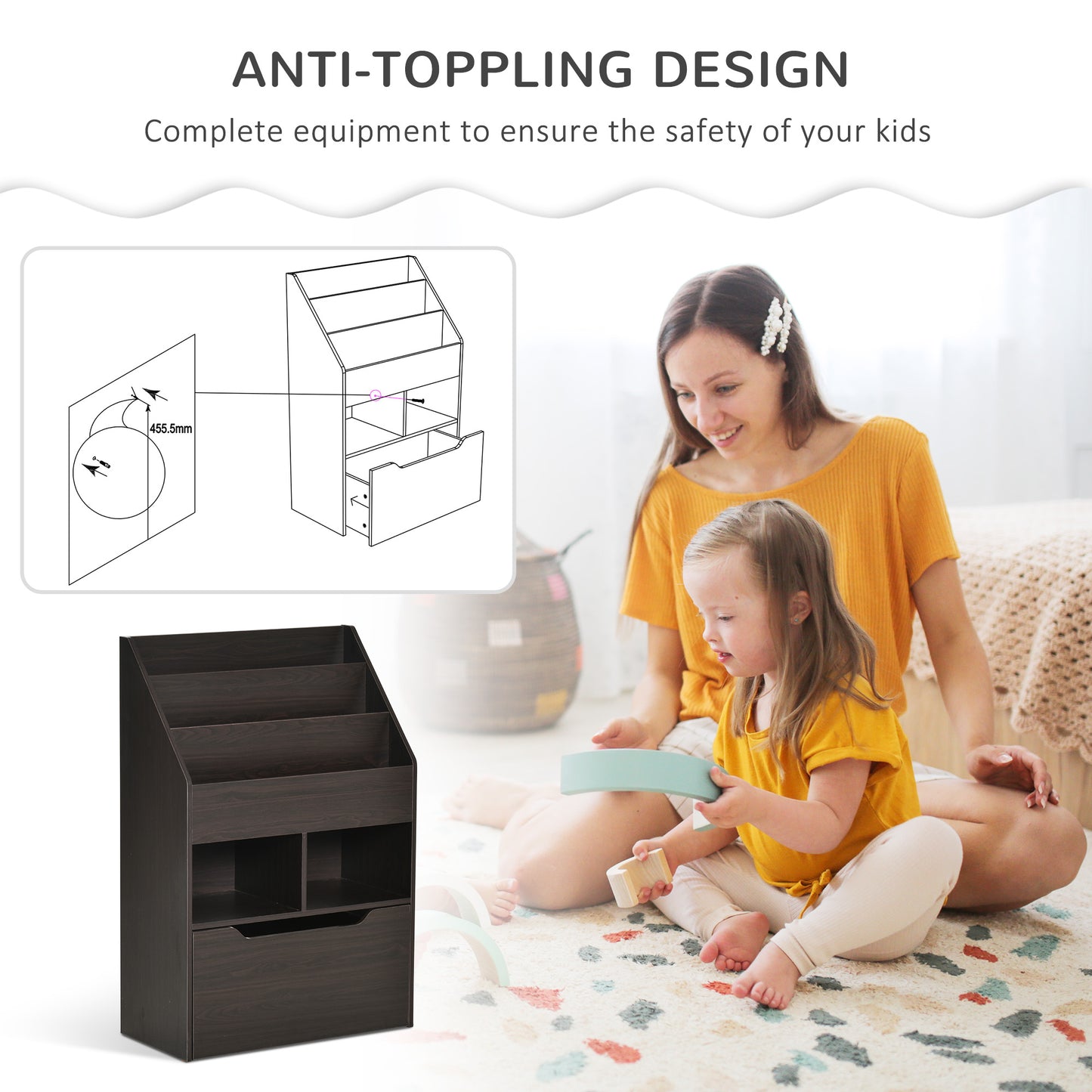 Dark brown wooden bookshelf for kids with antitoppling safety feature