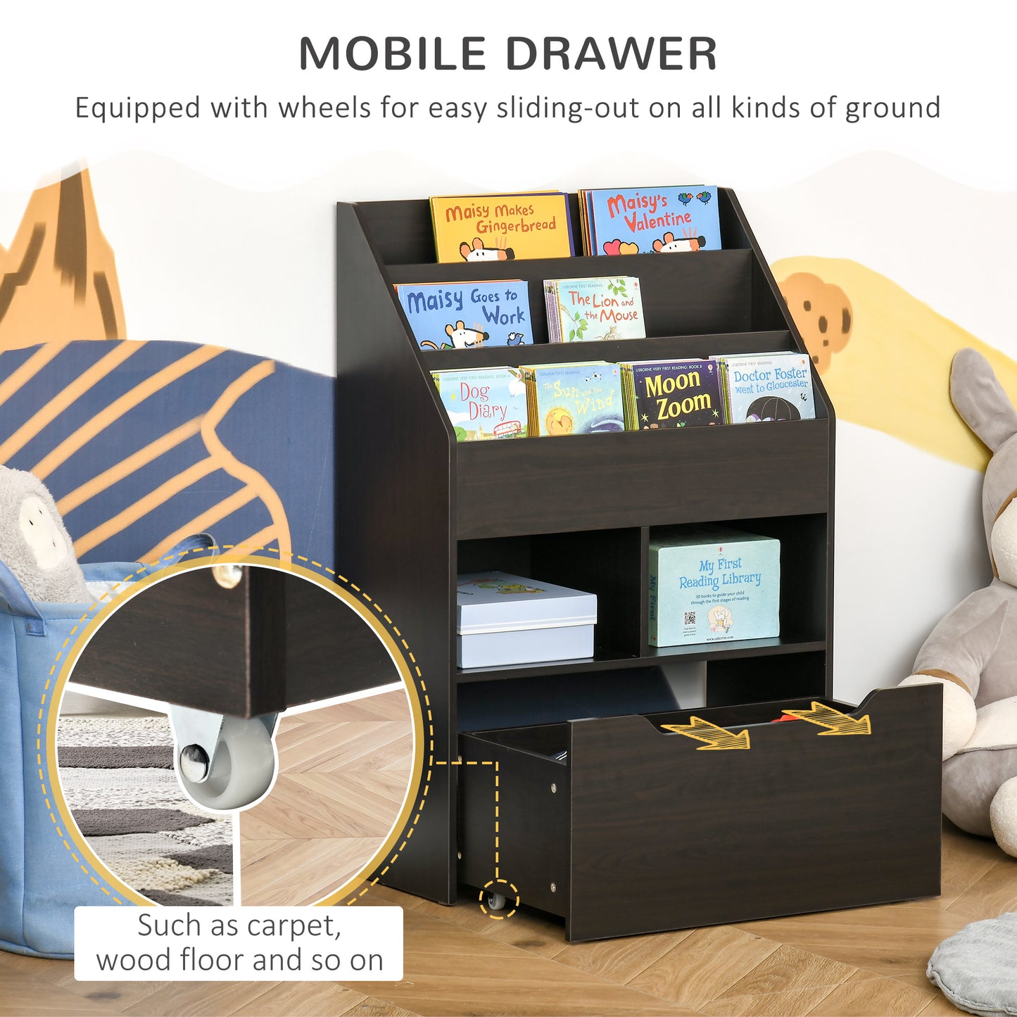Dark brown mobile drawer with wheels showcasing childrens books and storage