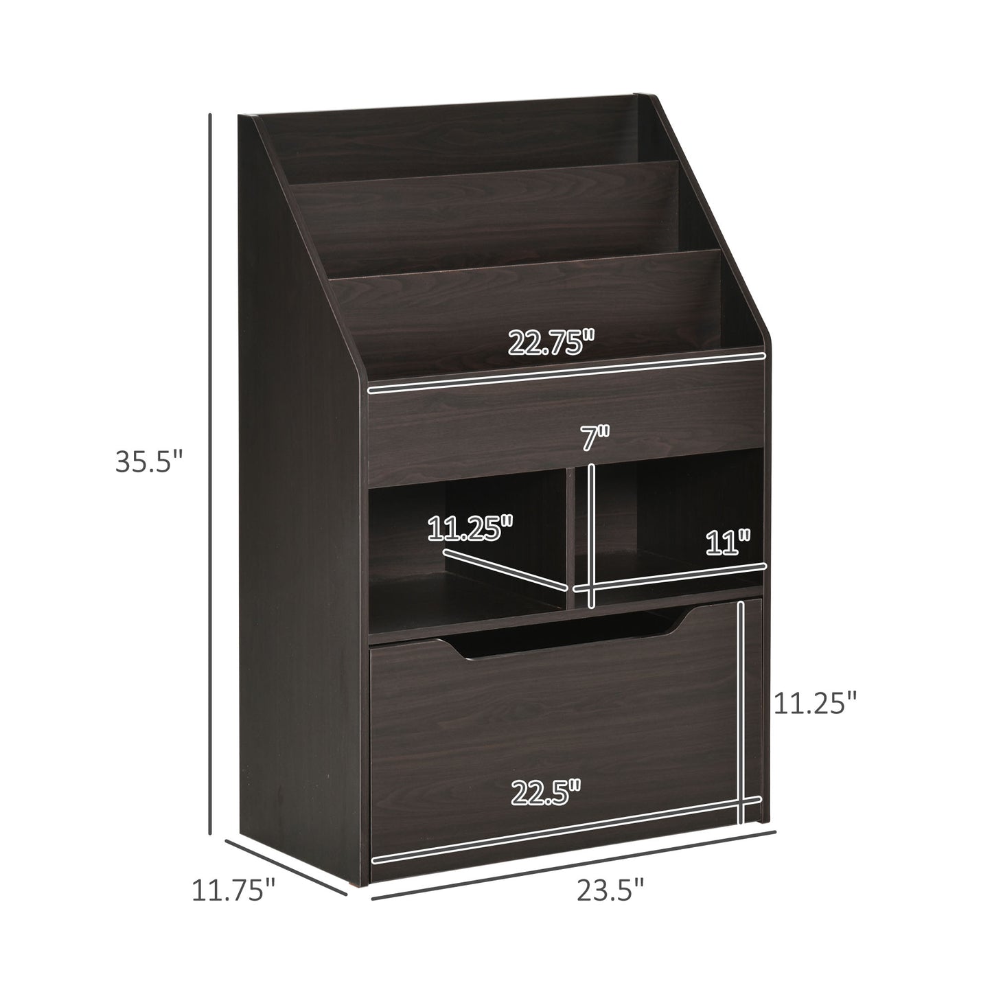 Dark brown wood multilevel organizer with angled shelves and a pullout drawer for toys