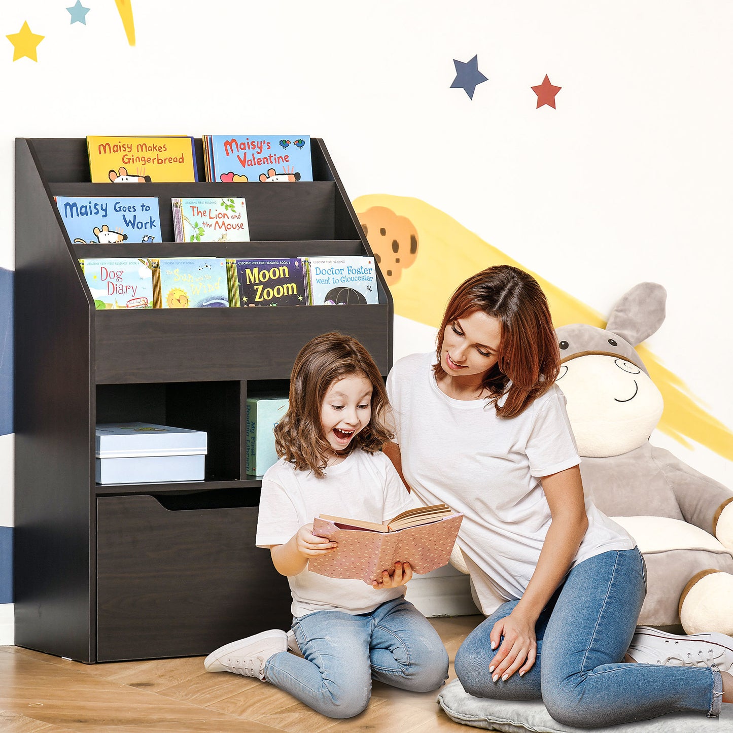 Dark brown wooden childrens bookshelf filled with colorful picture books