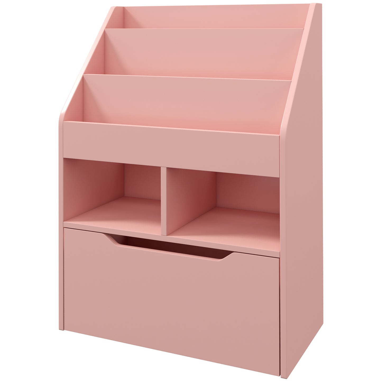 Pink wooden bookshelf with tiered open shelves and a bottom drawer for kids rooms