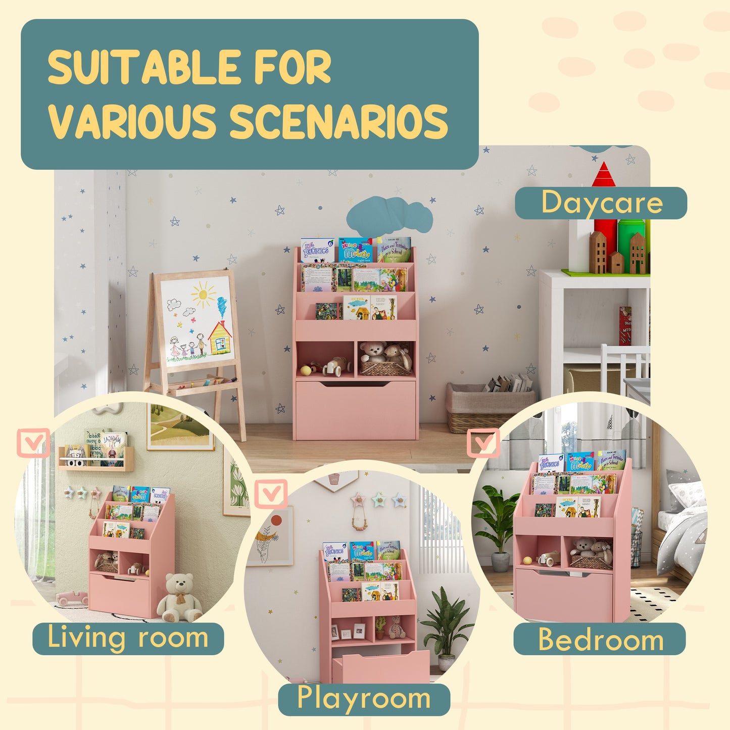 Pink wooden kids bookshelf with books and toys for playroom organization
