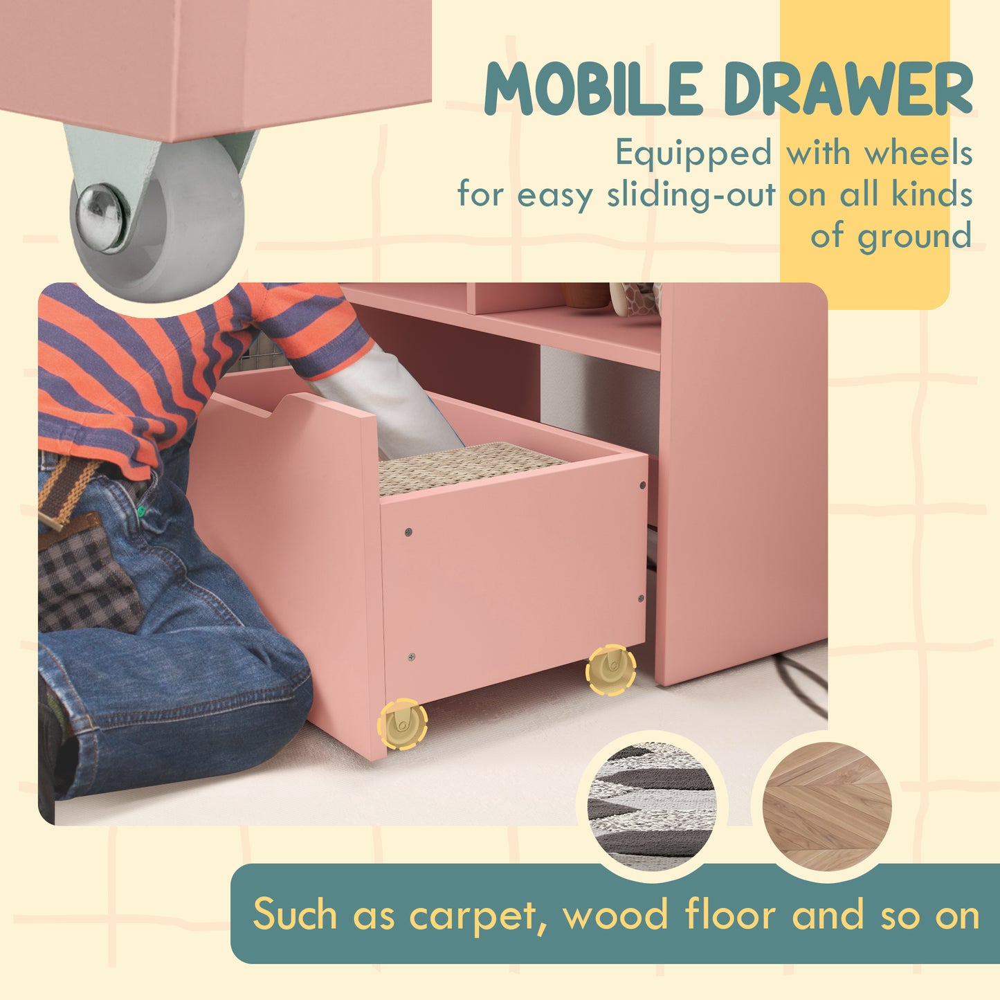 Pink mobile drawer with wheels for easy storage on carpet or wood floors