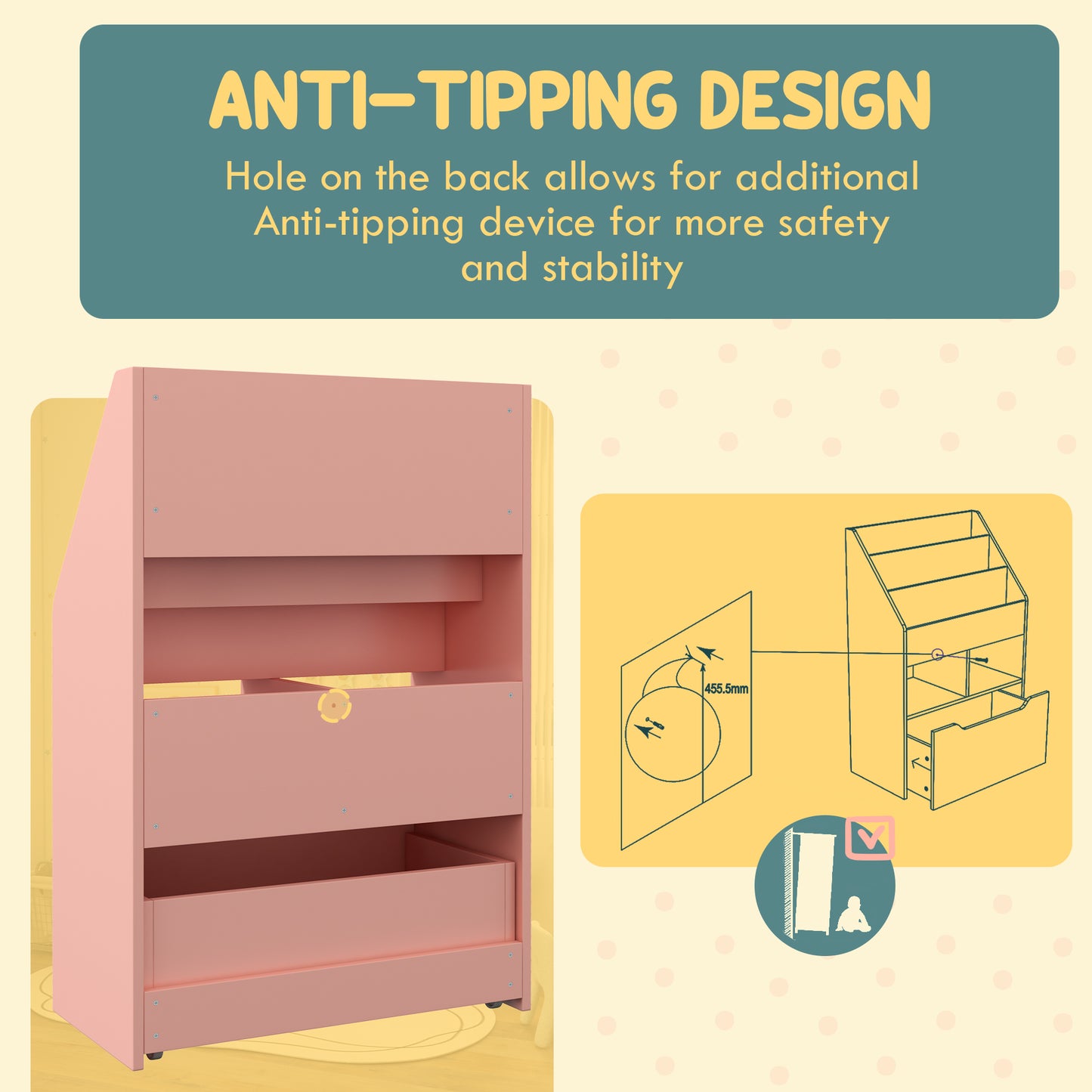 Pink wooden bookshelf with open shelves and drawers featuring antitipping design for child safety