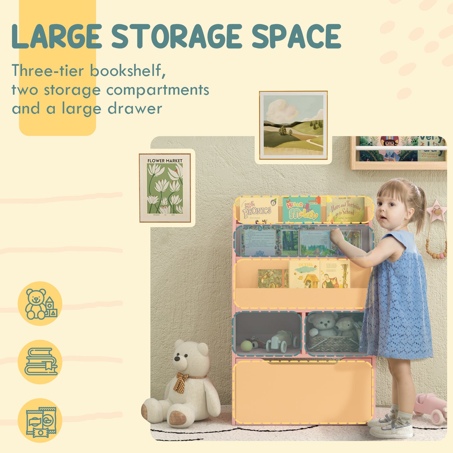 Pink and blue threetier bookshelf with storage compartments for kids books and toys