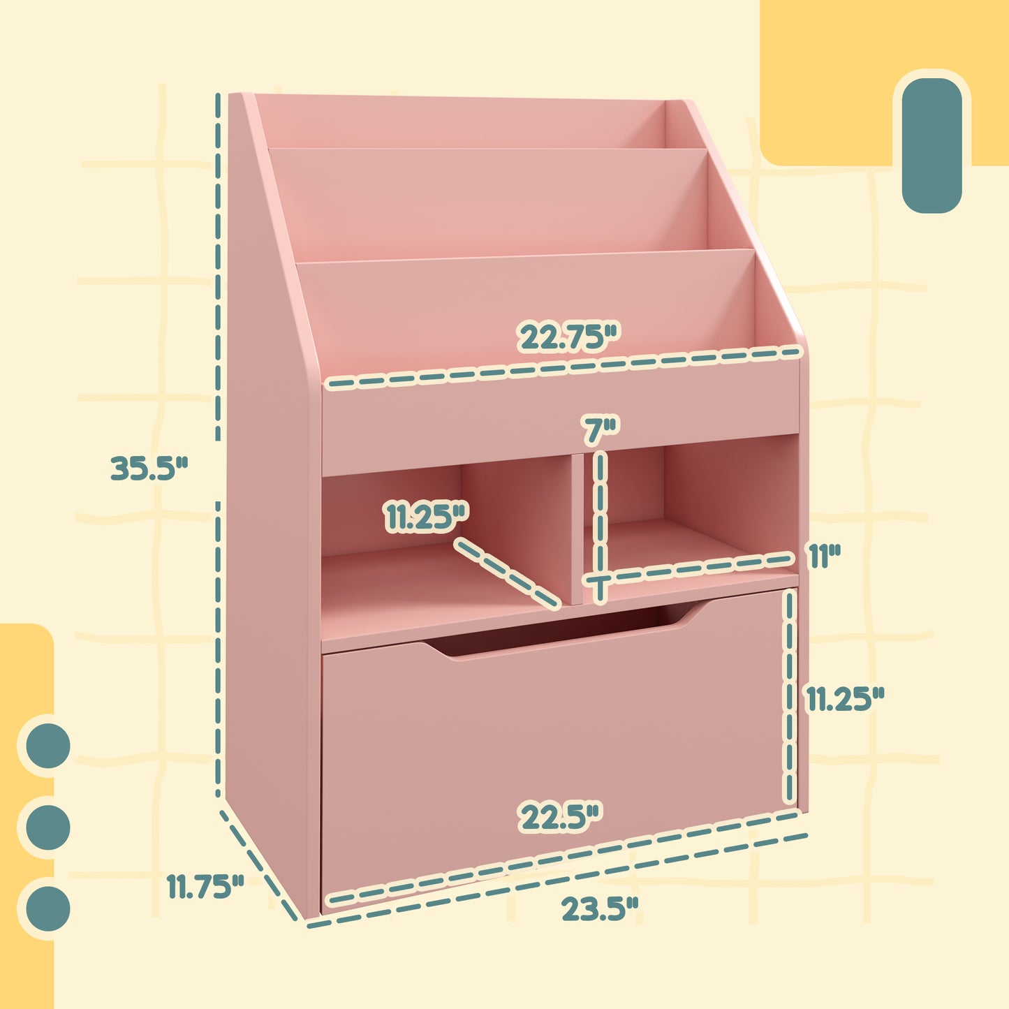 Pink childrens bookshelf with open shelves and a bottom drawer for toy storage