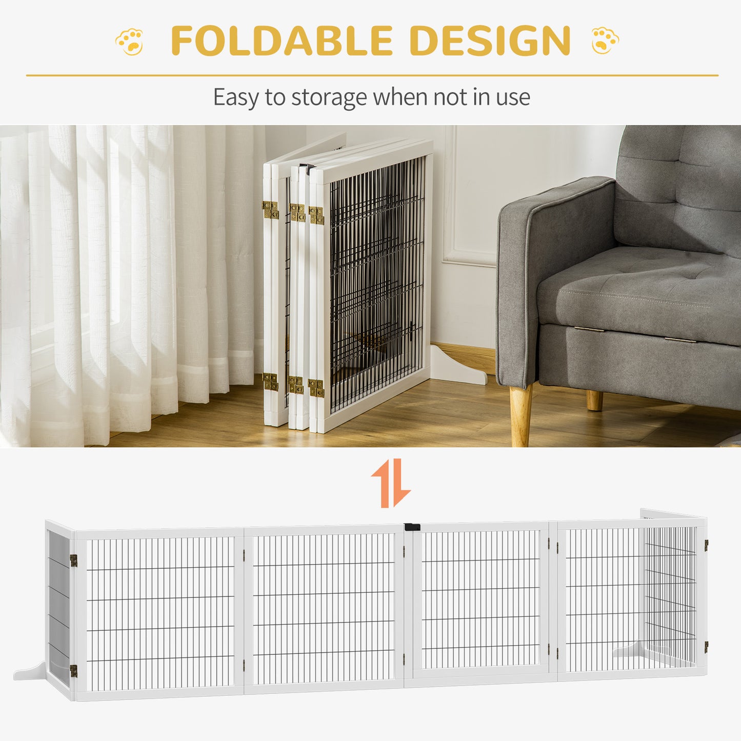 White wooden pet gate with foldable design ideal for indoor pet containment