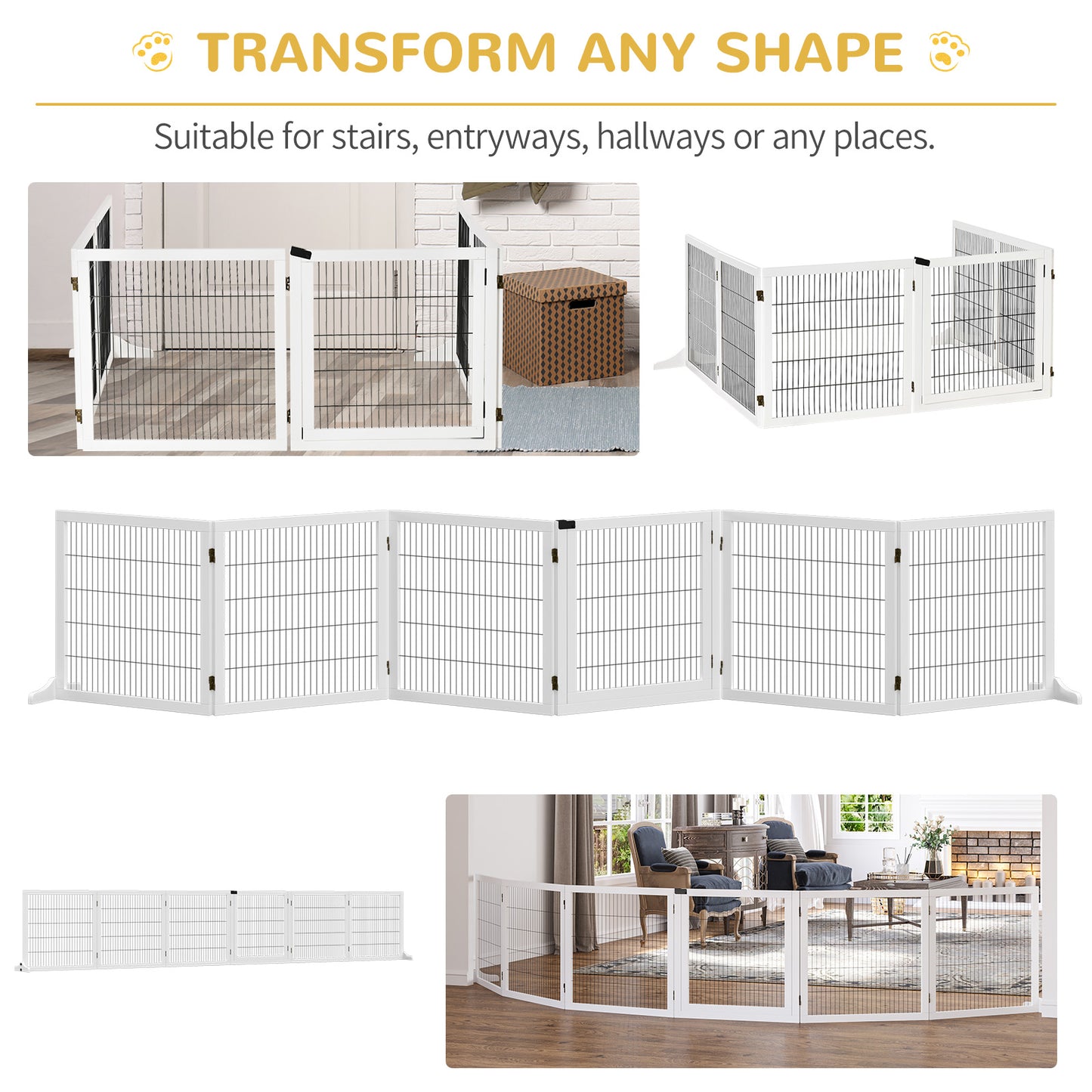 White wooden pet gate with six adjustable panels for versatile room division