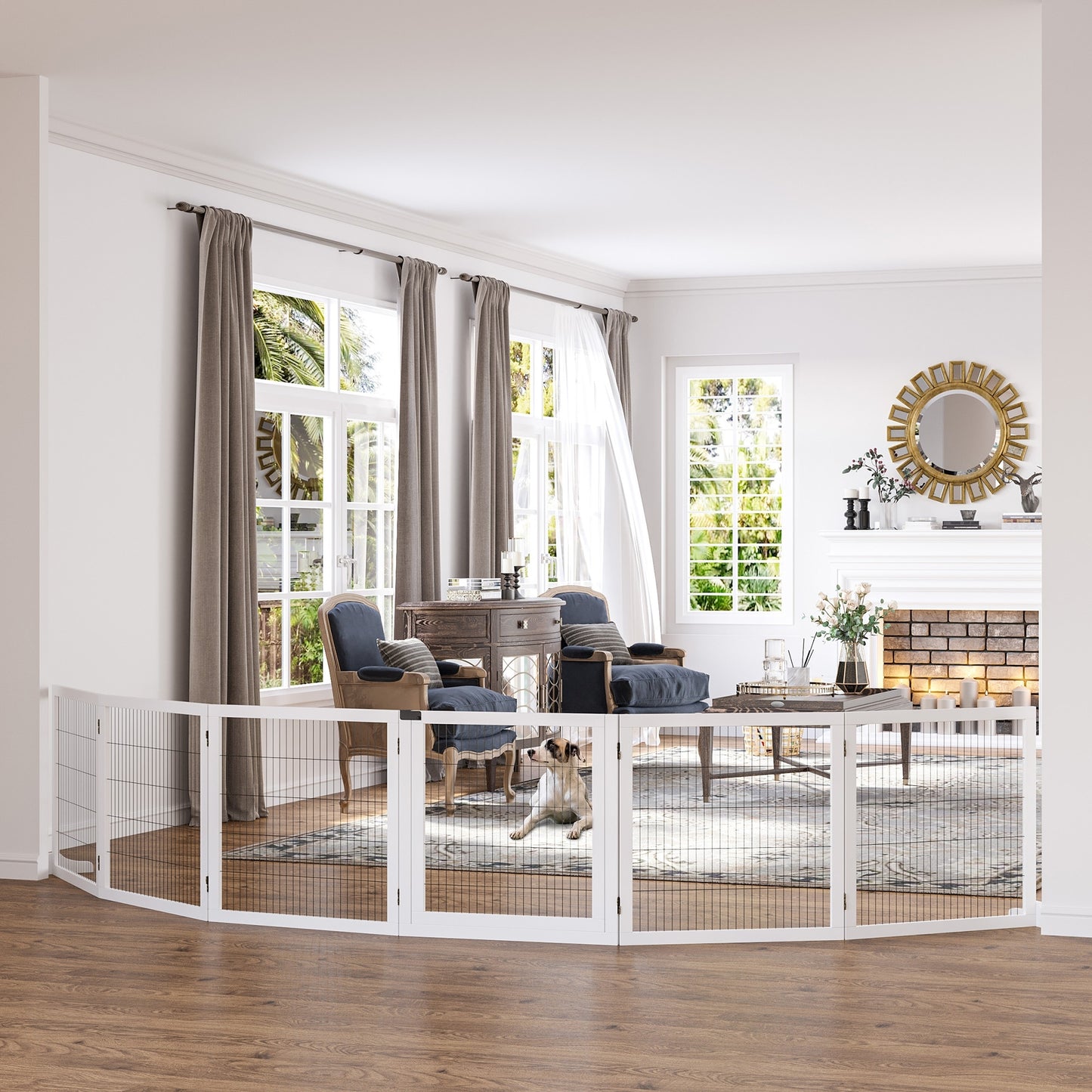 White wooden pet gate with four panels featuring a wire mesh for containment in a living room