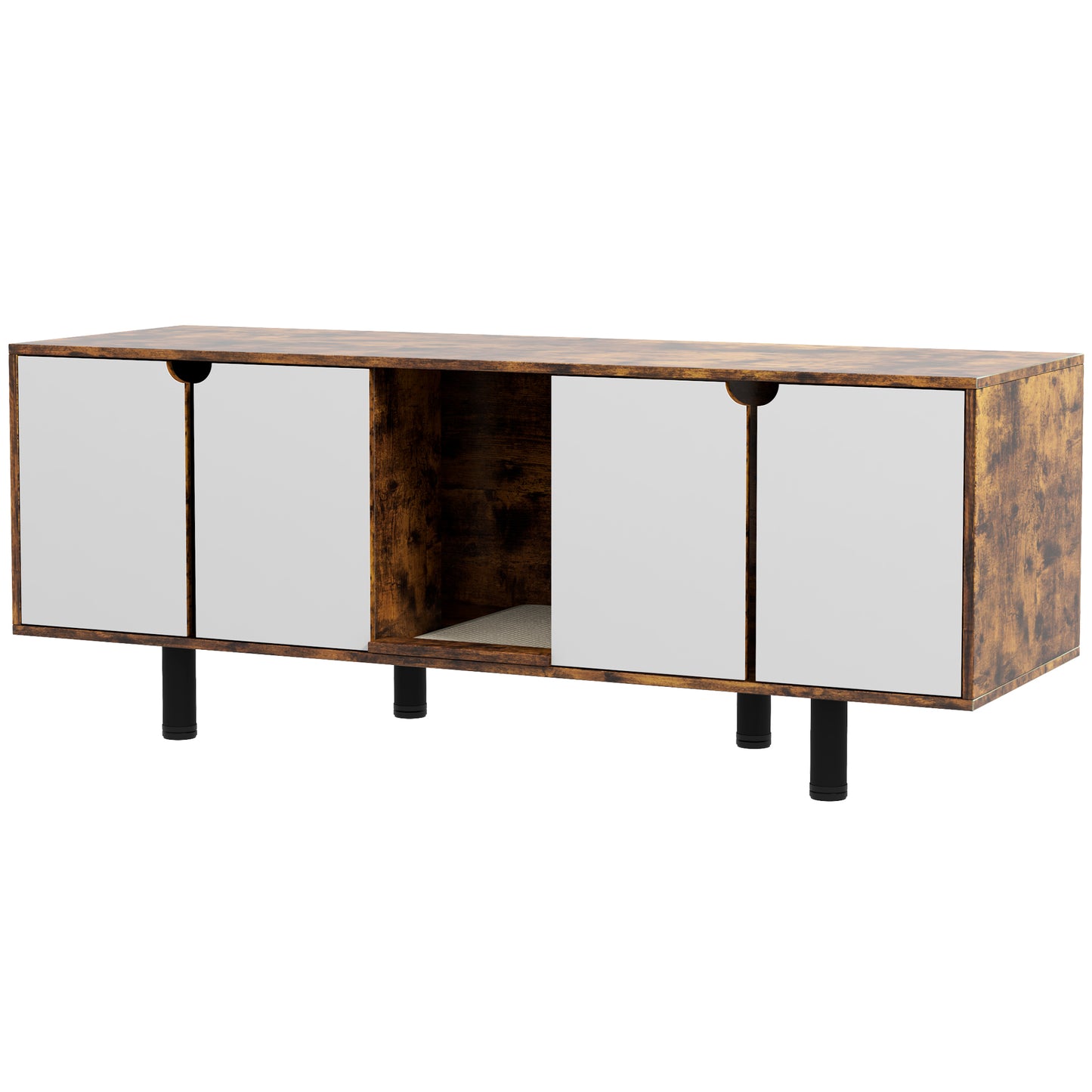 Rustic brown wood media console with four white cabinet doors and open shelving