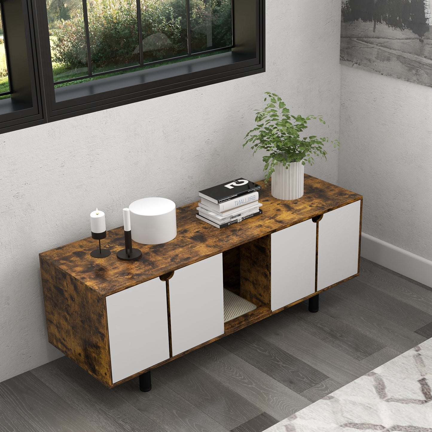 Rustic wood TV stand with white cabinet doors and open shelving fits modern living rooms