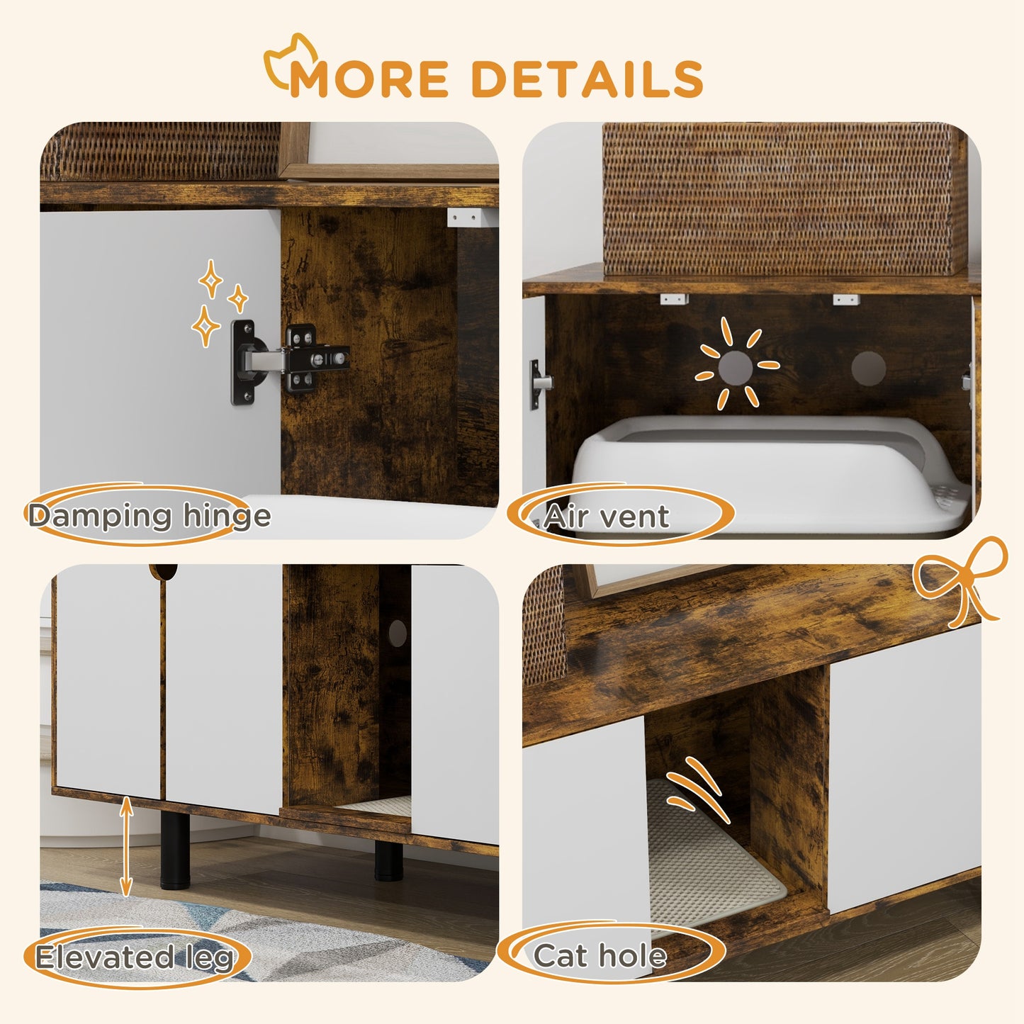 Cat litter box enclosure with soft closing damping hinge for quiet operation