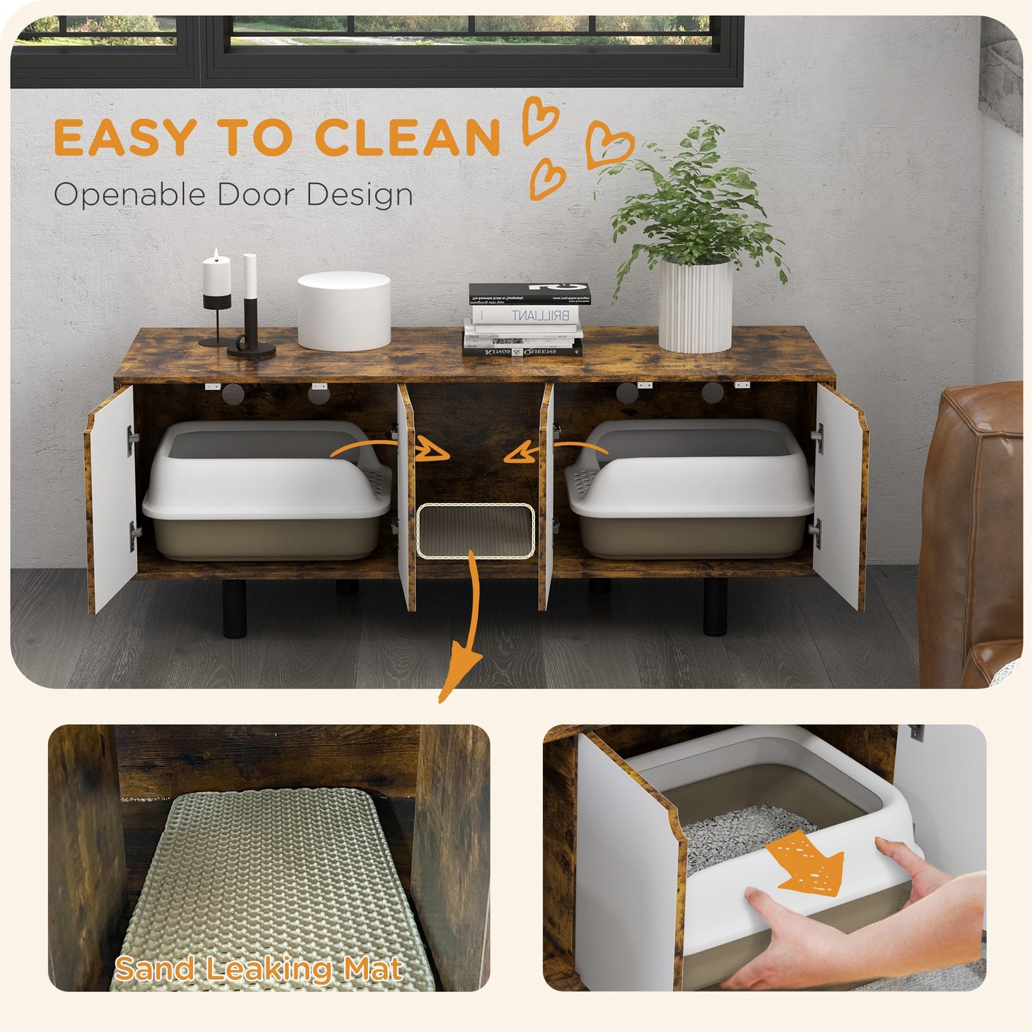 Rustic wood cat litter box enclosure with two openable doors characters